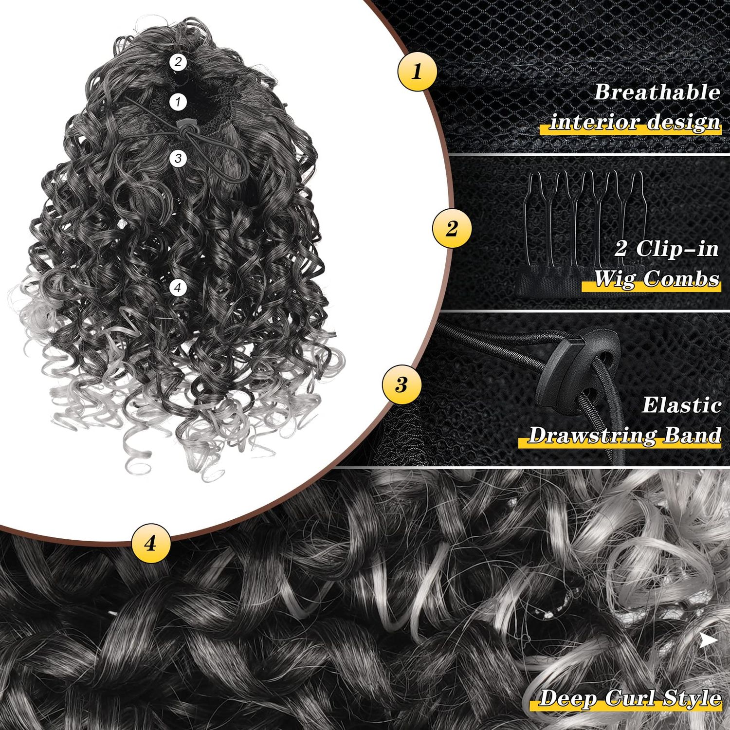 PEACOCO Drawstring Ponytail Extension for Black Women Synthetic Curly Drawstring Ponytail with 2 Clips on Ponytails Hair Extension (T1B/0906)