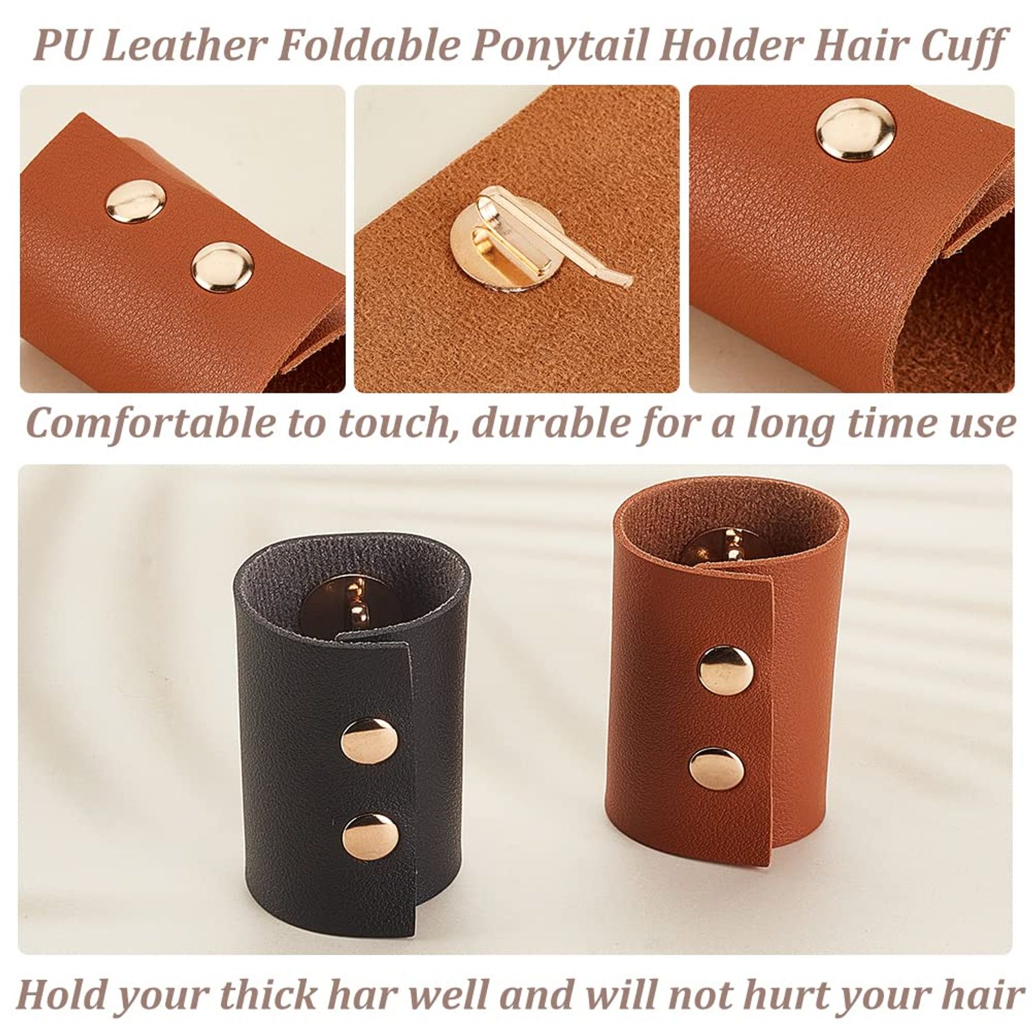 OLYCRAFT 2Pcs Leather Ponytail Holder Ponytail Wrap Hair Glove Leather Hair Cuff Accessories Leather Hair Wraps for Women with Long Hair - Black & Chocolate Color