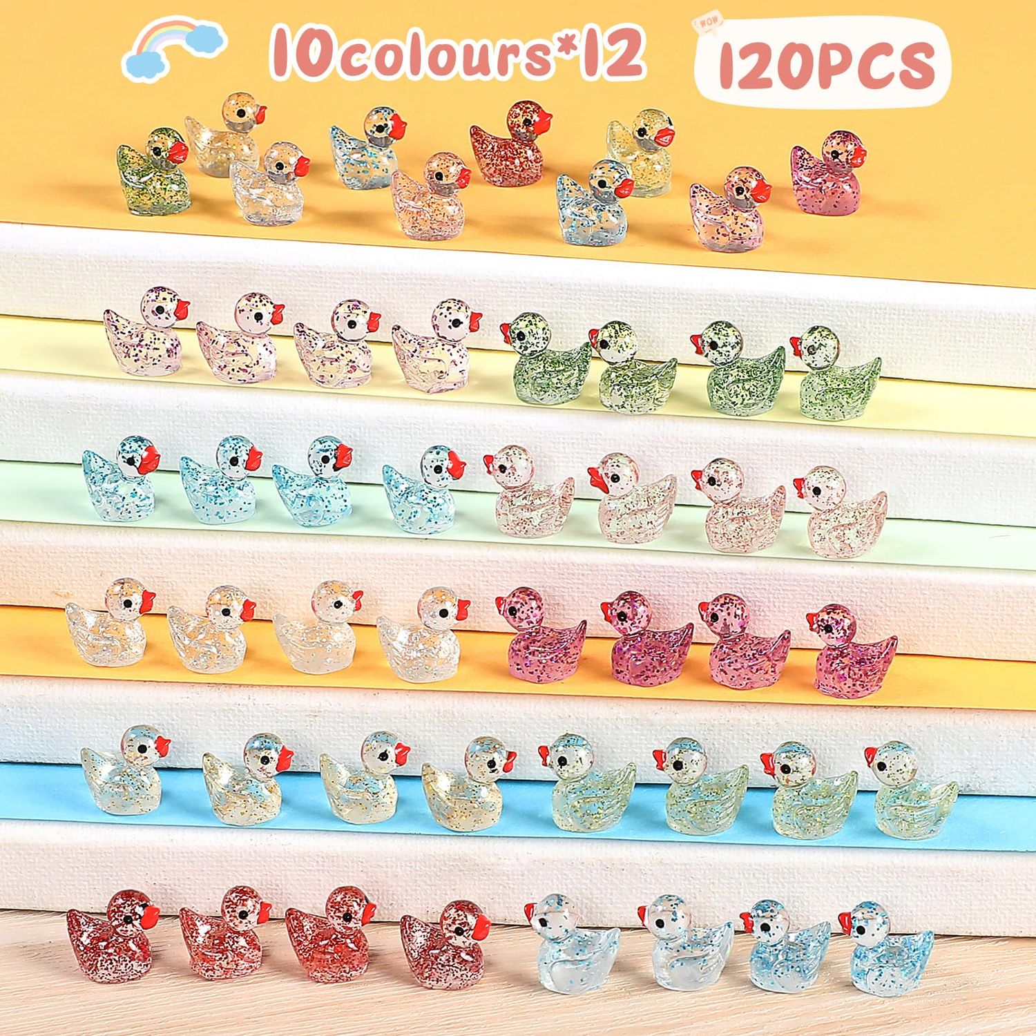 EKisemio 120 Pcs Mini Ducks Glitter Resin Ducks Tiny Ducks Mini Resin Animals Figures to Hide for Fairy Garden Accessories Micro Landscape Aquarium Ornaments Kit Dollhouse Decor Crafts