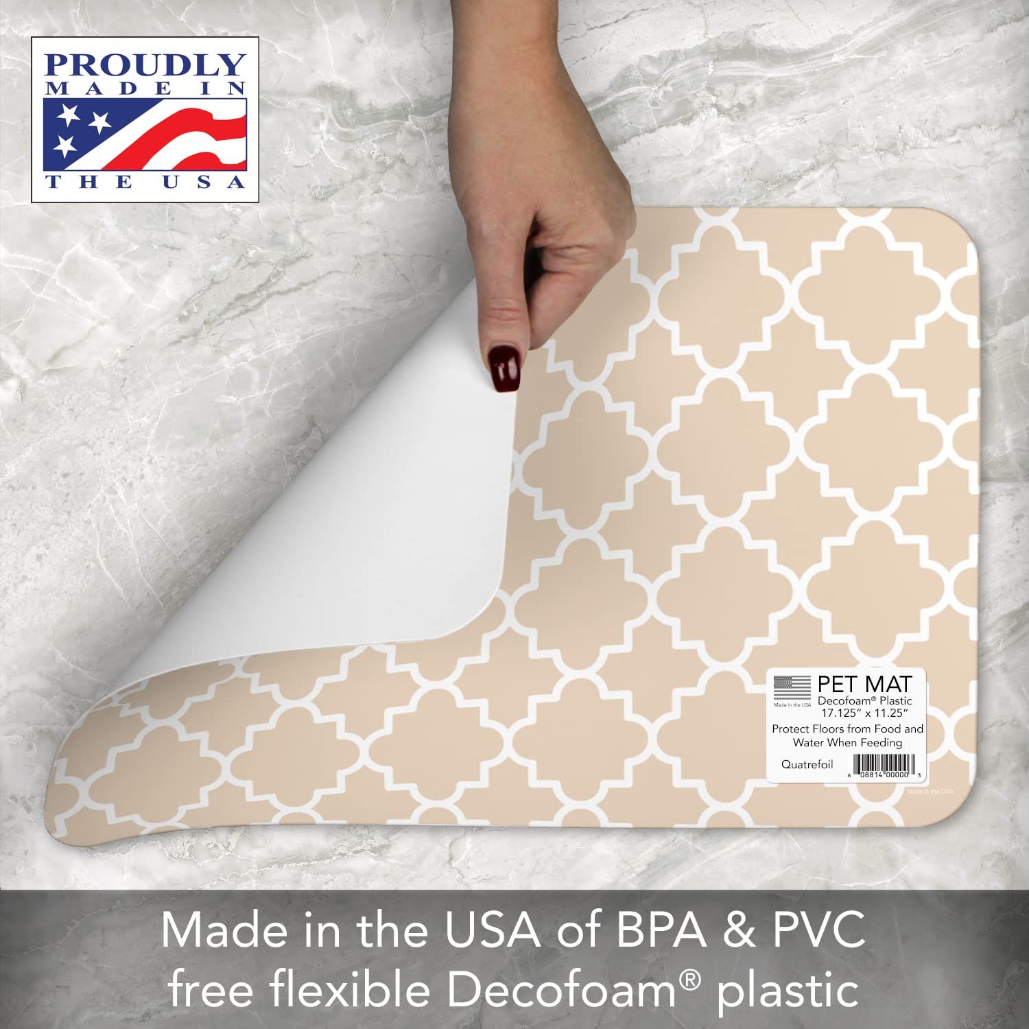 CounterArt Quatrefoil Easy Care Waterproof Pet Placemat 17.13” x 11.25” Made in The USA of BPA Free Plastic, Safe for Pets, Protects Floors from Cat & Dog Bowls