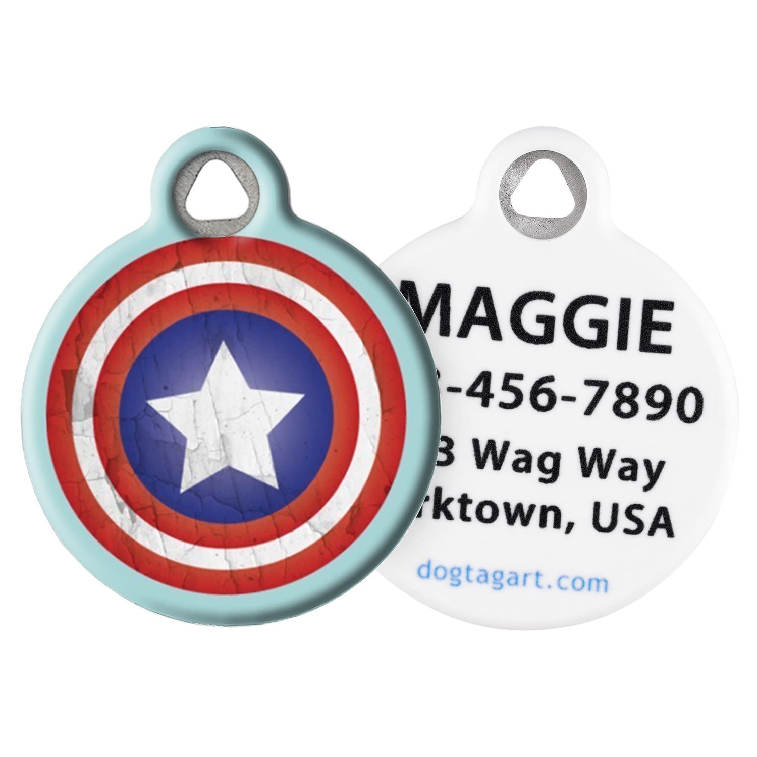 Dog Tag Art America Shield Personalzied Pet ID Tag for Dogs and Cats, Silent Polymer Coated Stainless Steel Nametag with Customized Identification Information, Large 1.25" Diameter