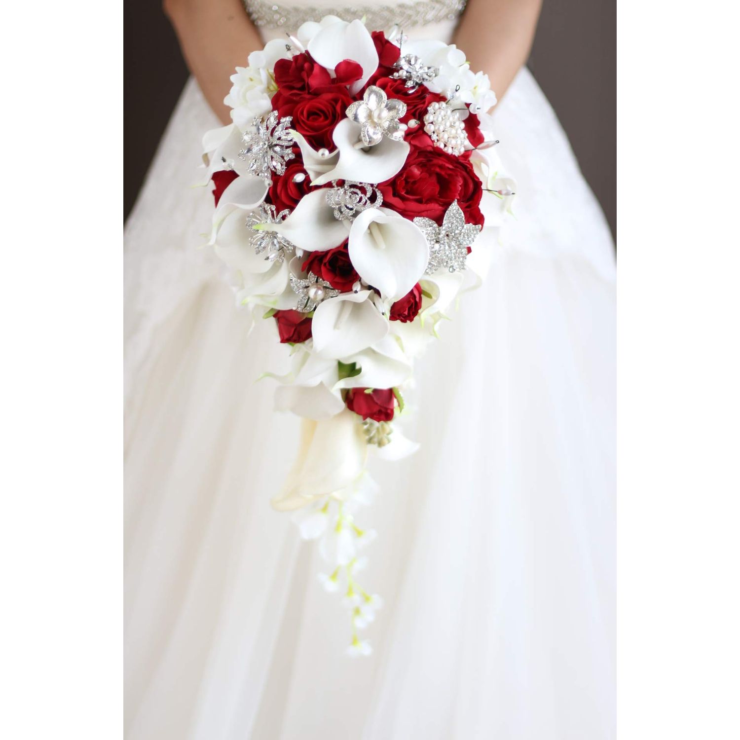 IFFO Bridal Bouquets for Wedding, Calla Lilies Simulation Rose Diamonds Pearl Bride Wedding Bouquet, Romantic Wedding Party Decoration Confession (red)