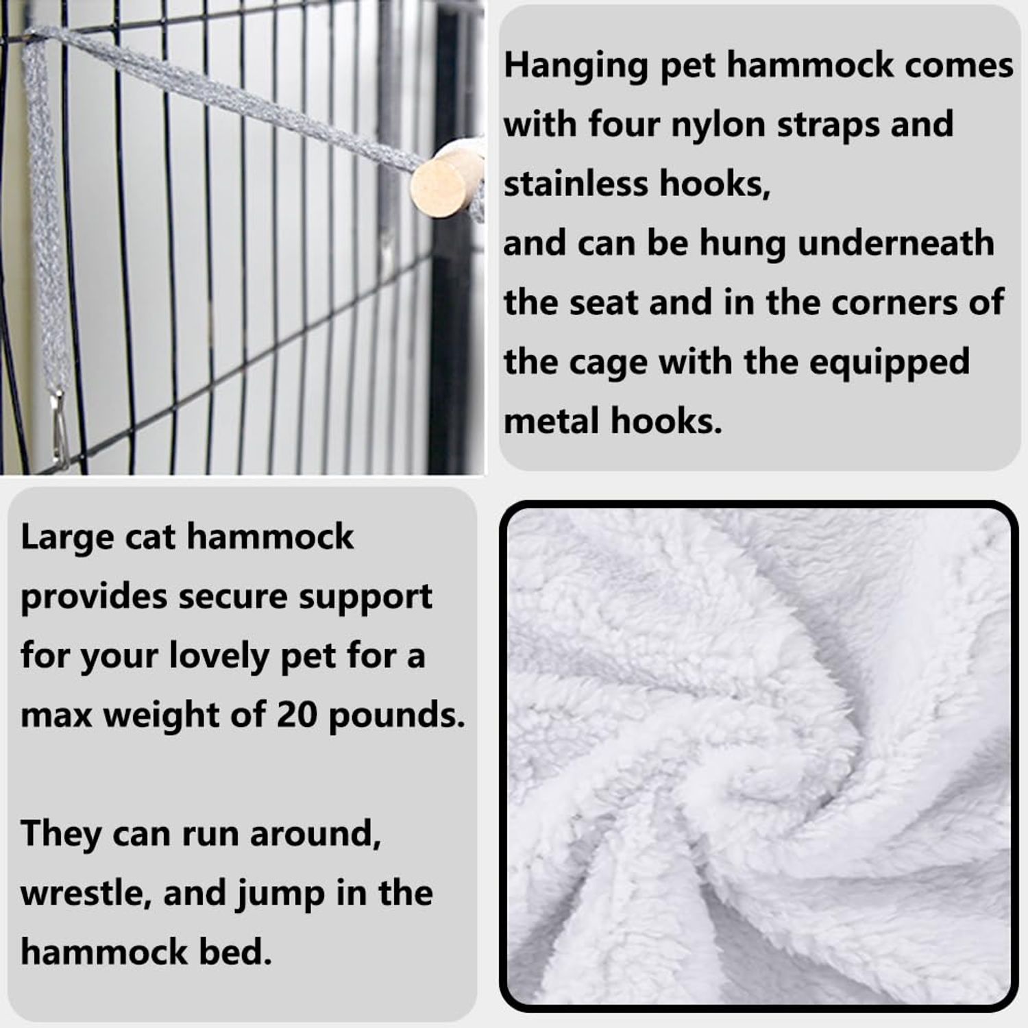 Reversible Cat Hammock for Cage Hanging, Soft Sleeping Bed for Kittens and Small Pets, Features Hardwood Spreader Bars, Portable Hammock can be Tied Between Trees or Posts (Grey+White, Medium)