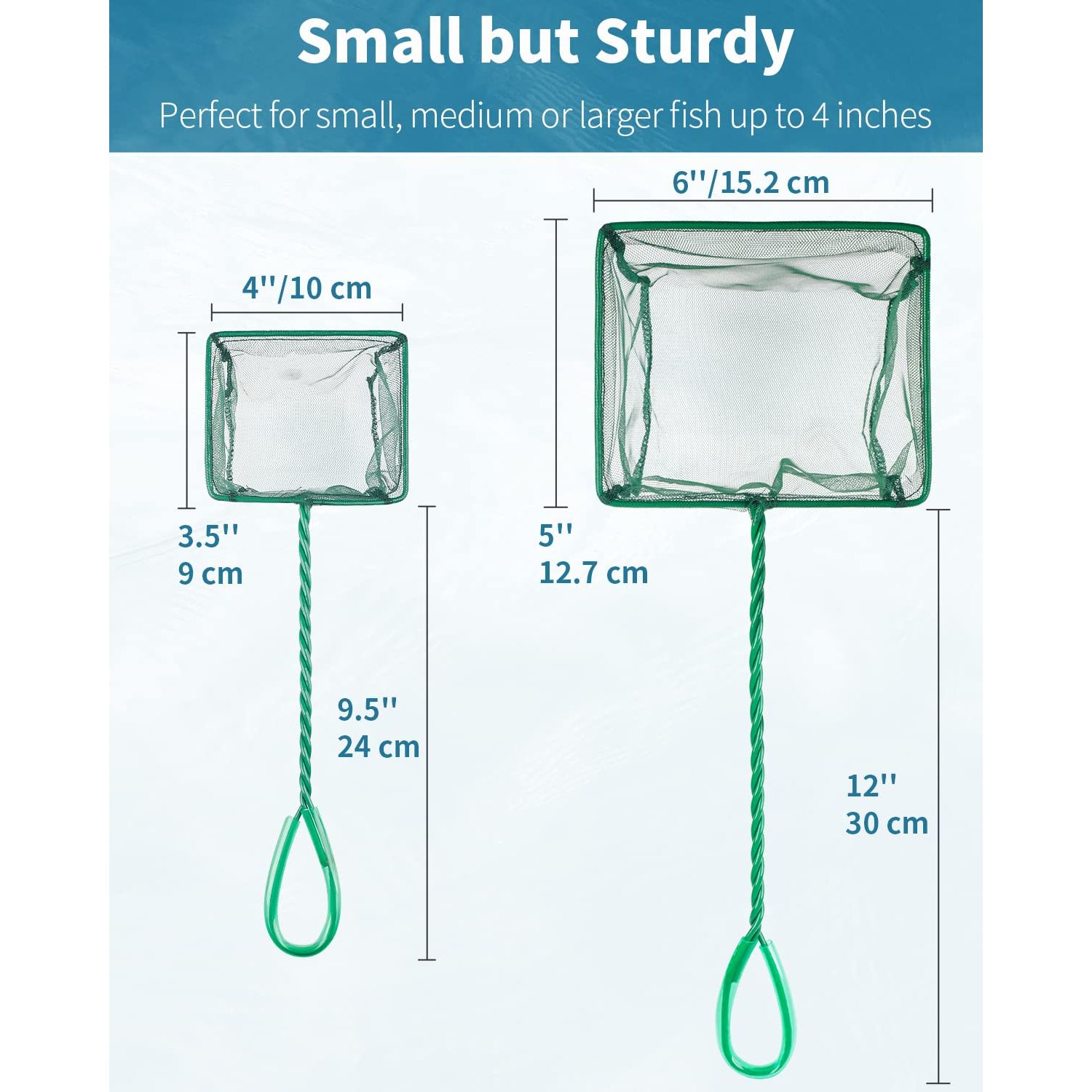 Pawfly 4 & 6 Inch Aquarium Fish Net Set with Braided Metal Handle Square Green Net with Soft Fine Mesh Sludge Food Residue Wastes Skimming Cleaning Net for Fish Tanks Small Koi Ponds and Pools