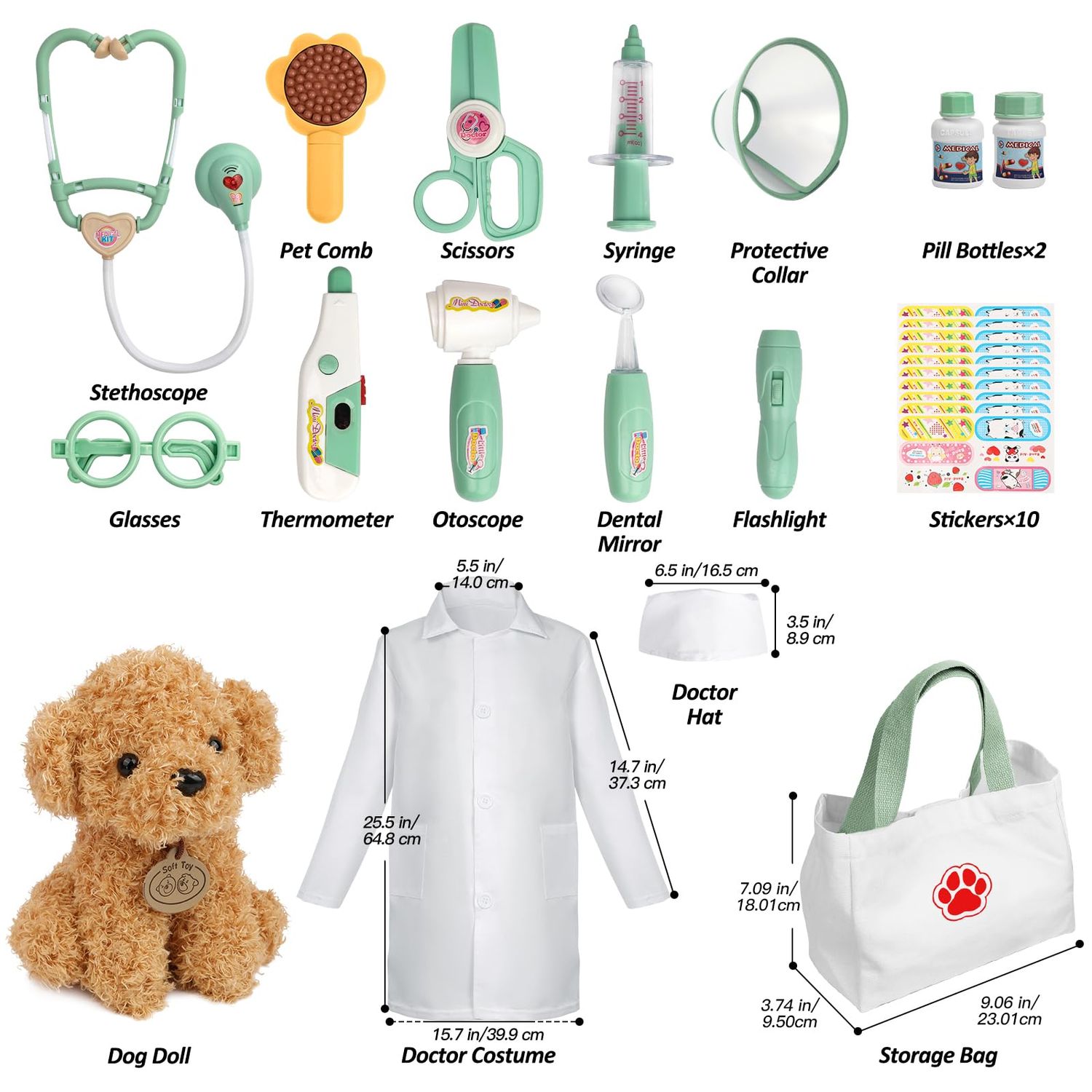 Liberry Doctor Kit for Toddlers 3 4 5 6 Years Old, 26 Pcs Kids Doctor Playset with Dog Toy, Stethoscope and Dress Up Costume, Pretend Play Medical Gift for Boys Girls (Green)
