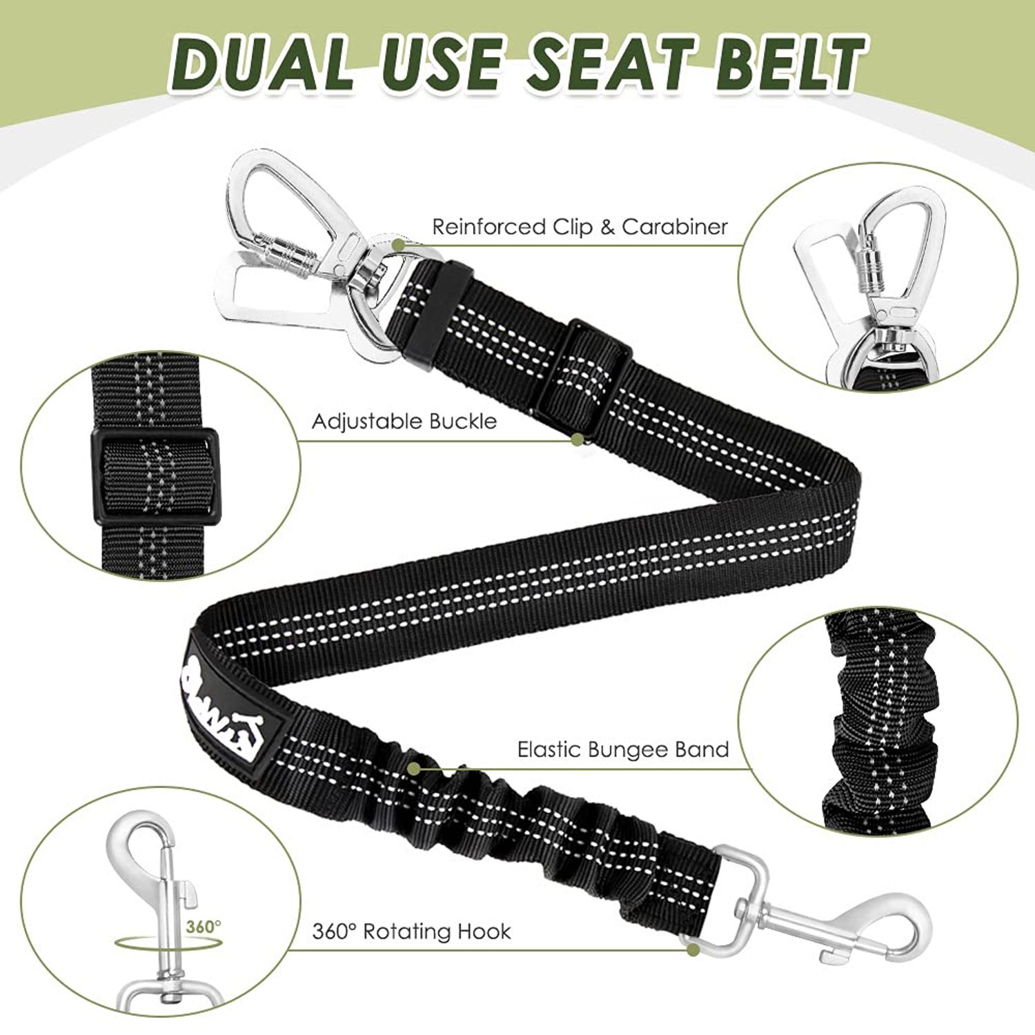 SlowTon Dog Seat Belt Car Harness Set - Adjustable Dog Seatbelt with Carabiner for Most Cars, Breathable Dog Vest Harness Padded with Car Safety Leash for Small Medium Large Dogs Puppy Cats(Black L)