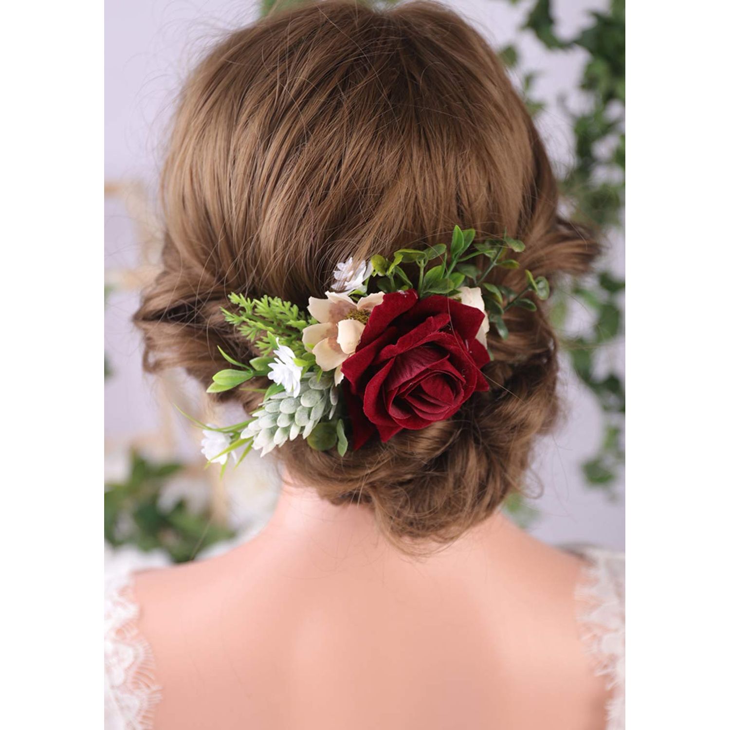 Anglacesmade Bridal Flower Hair Comb Burgundy Dark Red Rose Cream Daisy Eucalyptus Greenery Headpiece for Rustic Wedding Photo Shoot Prom Party Festival