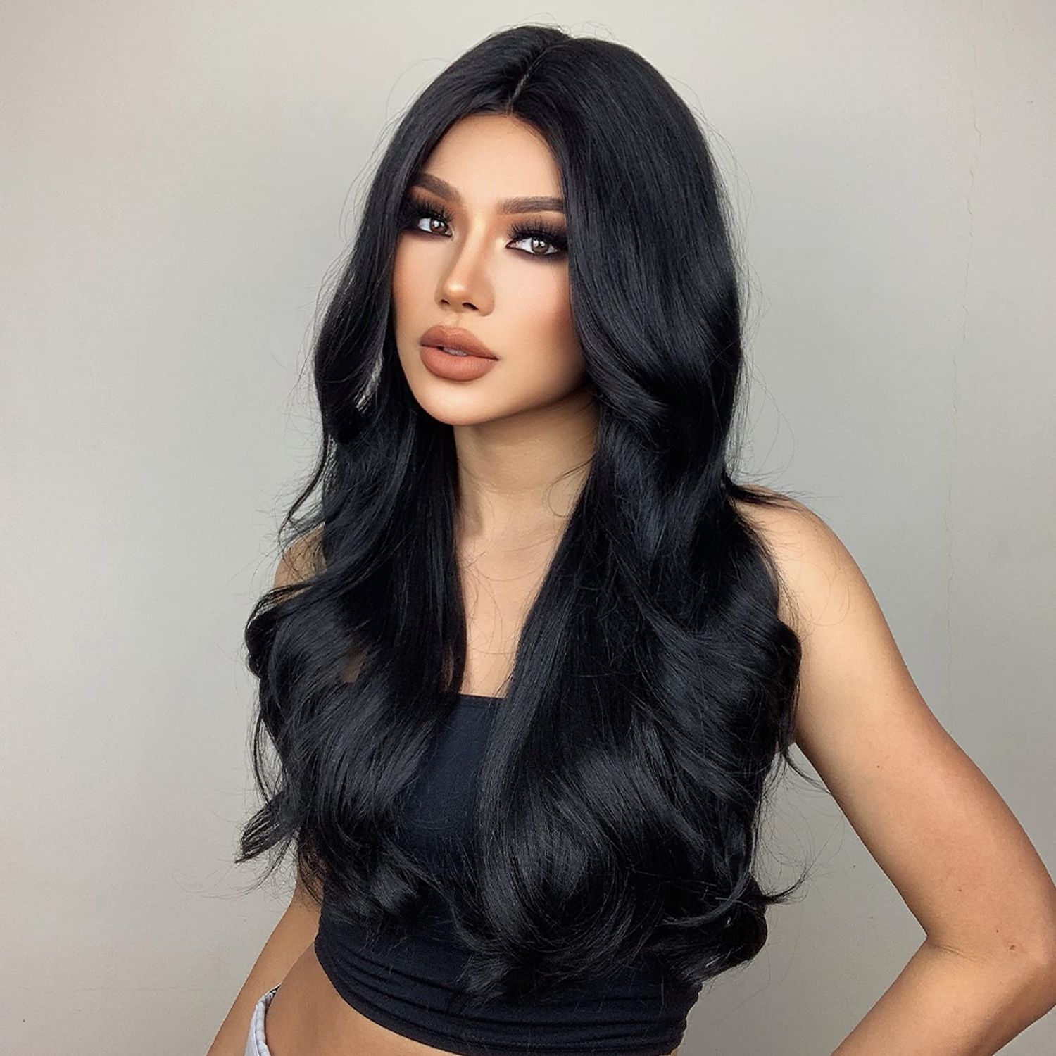 PATTNIUM Black Wig for Women Long Wavy Black Wigs Black Hair Wigs Long Curly Middle Part Black Wigs Heat Resistant Synthetic Wig (Black)