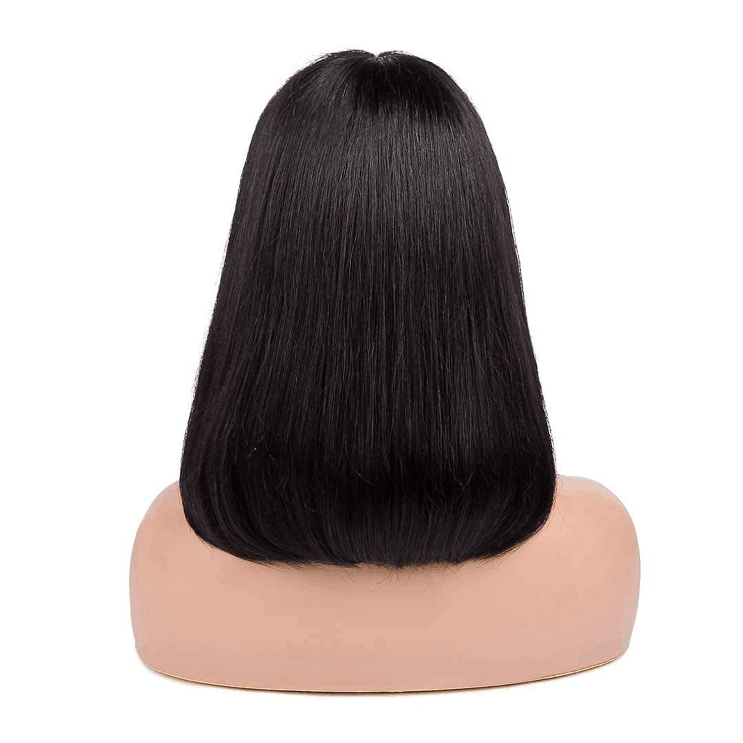 SQPLXK Short Bob Human Hair Wigs with Bangs None Lace Front Wigs Brazlian Straight Hair Machine Made Bob Wig for Black Women Natural color (8 Inch)