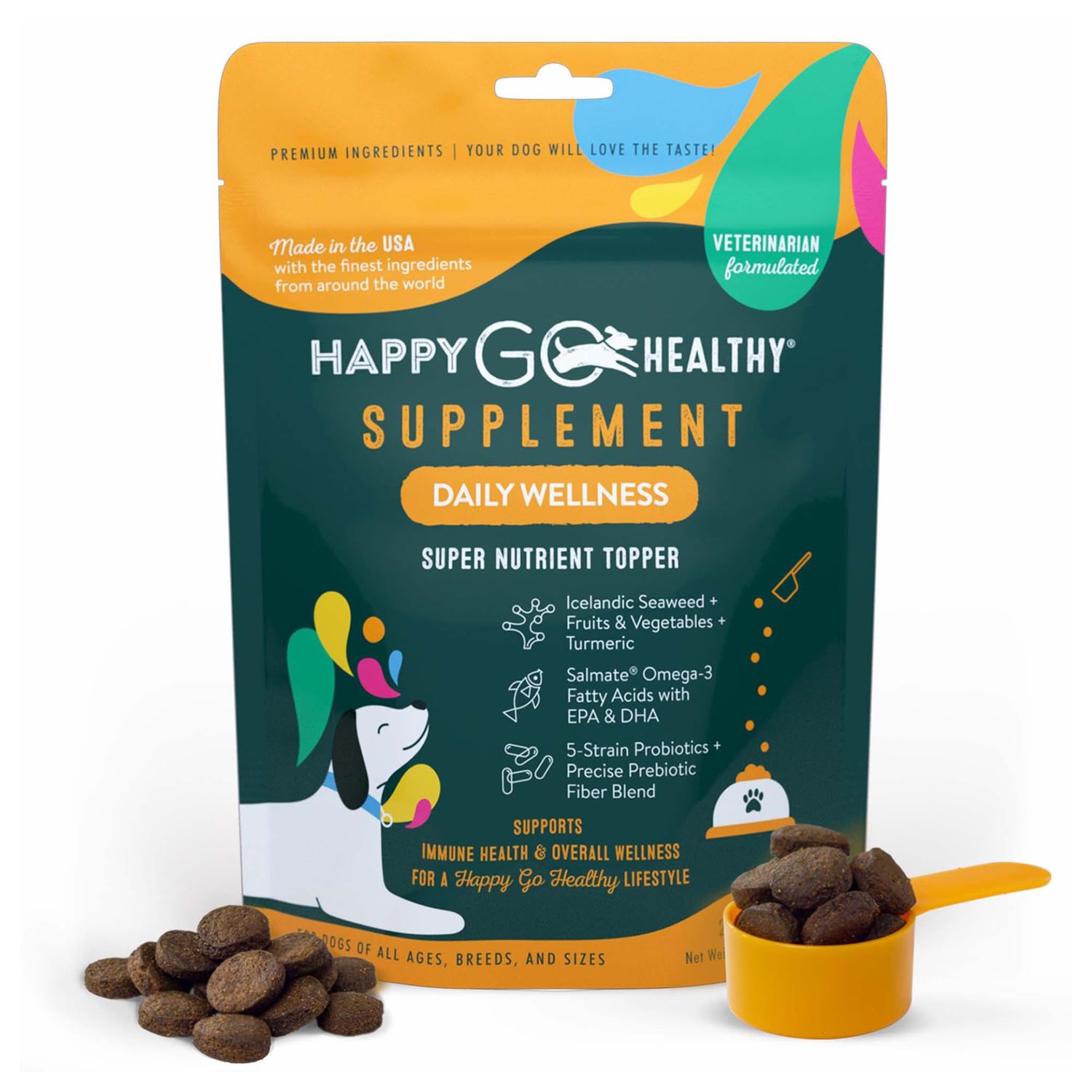 Happy Go Healthy Daily Wellness Supplements for Dogs | Boosts Immune System Support and Digestive Gut Health for Dogs and Puppies | All Natural Ingredients Tasty Kibble Dog Food Topper | 21 Count Pack