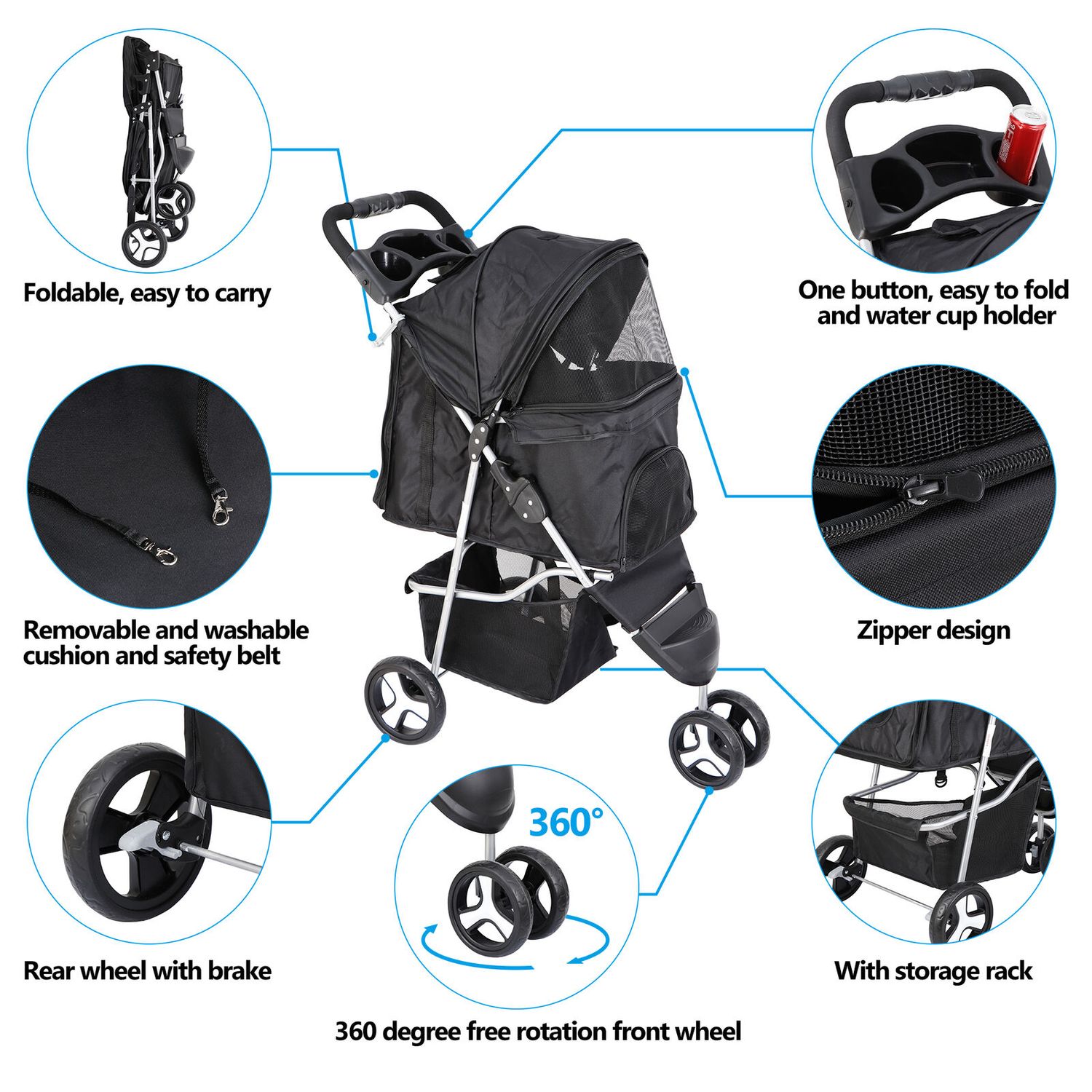 Dog Stroller Pet Travel Carriage 3 Wheeler w/Foldable Carrier Cart W/Cup Holder