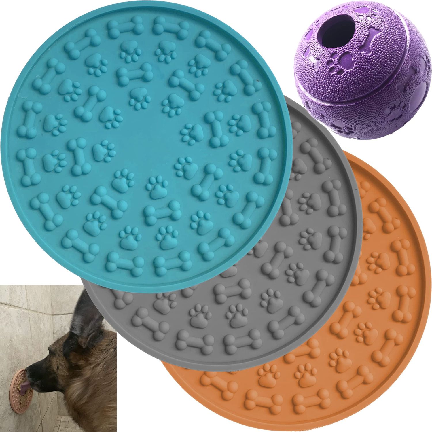 Jalousie Dog Puzzle Balls Dog Treat Dispensing Balls Non-Toxic Natural Rubber Dog Chew Toys for Puppy Pet Dog Teething Puzzle Playing Treat Dispenser Rope Balls (4 Pack Lick Mat)