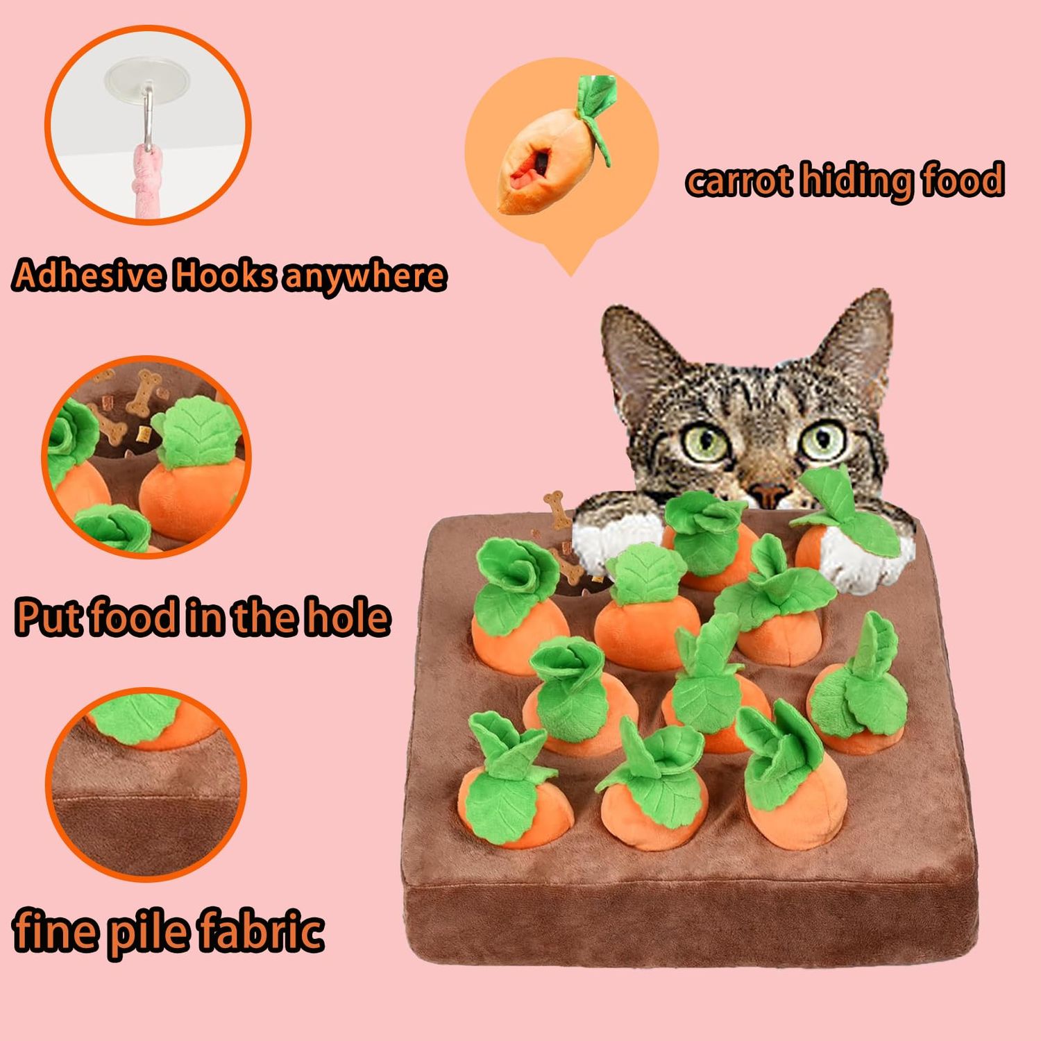 Risbang Carrot Cat Treat Puzzles for Indoor Cats, Interactive Cat Enrichment Toys for Bored Indoor Adult Cats Hanging Cat Toys Pack Bulk Kicker Nip Toy 12 Squeaky Plush Carrots