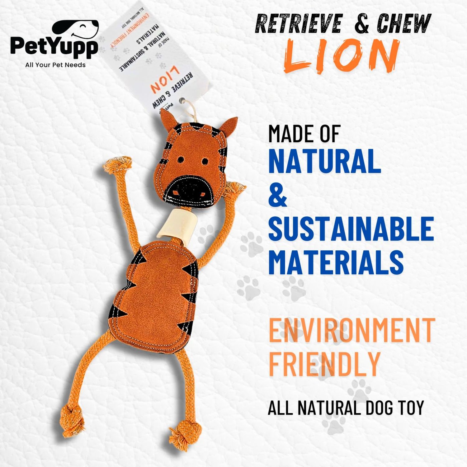 PetYupp Genuine Leather & Jute Dog Tuff Toy with Natural Buffalo Bone and Coconut Fiber Filling - Interactive Dog Toys for Small, Medium Size & Teething Puppy, Tug-of-War Dog Toys - (Orange - Lion)