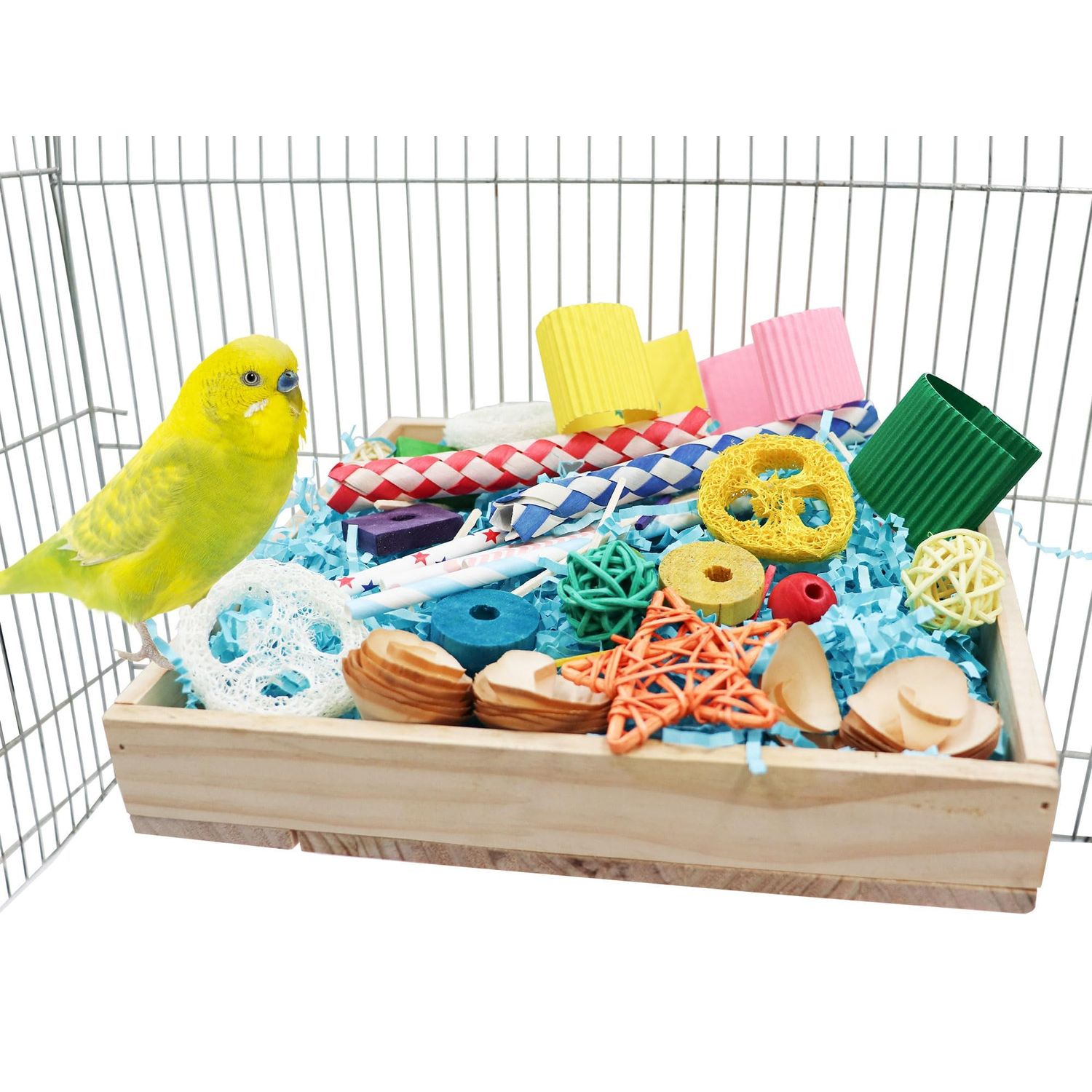 Jinkoozz Bird Foraging Toys Box, Wooden Parrot Shredding Toys Box, Bird Chewing Toys, Birdcage Accessories, Suitable for Small Birds Parakeets Cockatiels Love Birds Conures