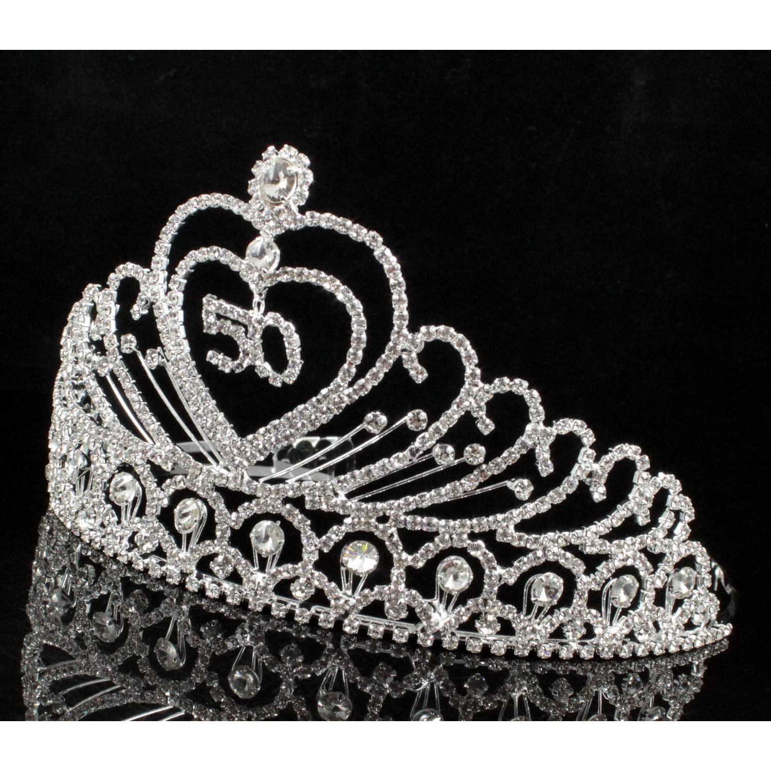 50-Year-Old Fifty Years Old Number 50 Birthday Party Austrian Rhinestone Crystal Tiara Crown With Hair Combs Cake Topper Queen Jewelry T803 Silver