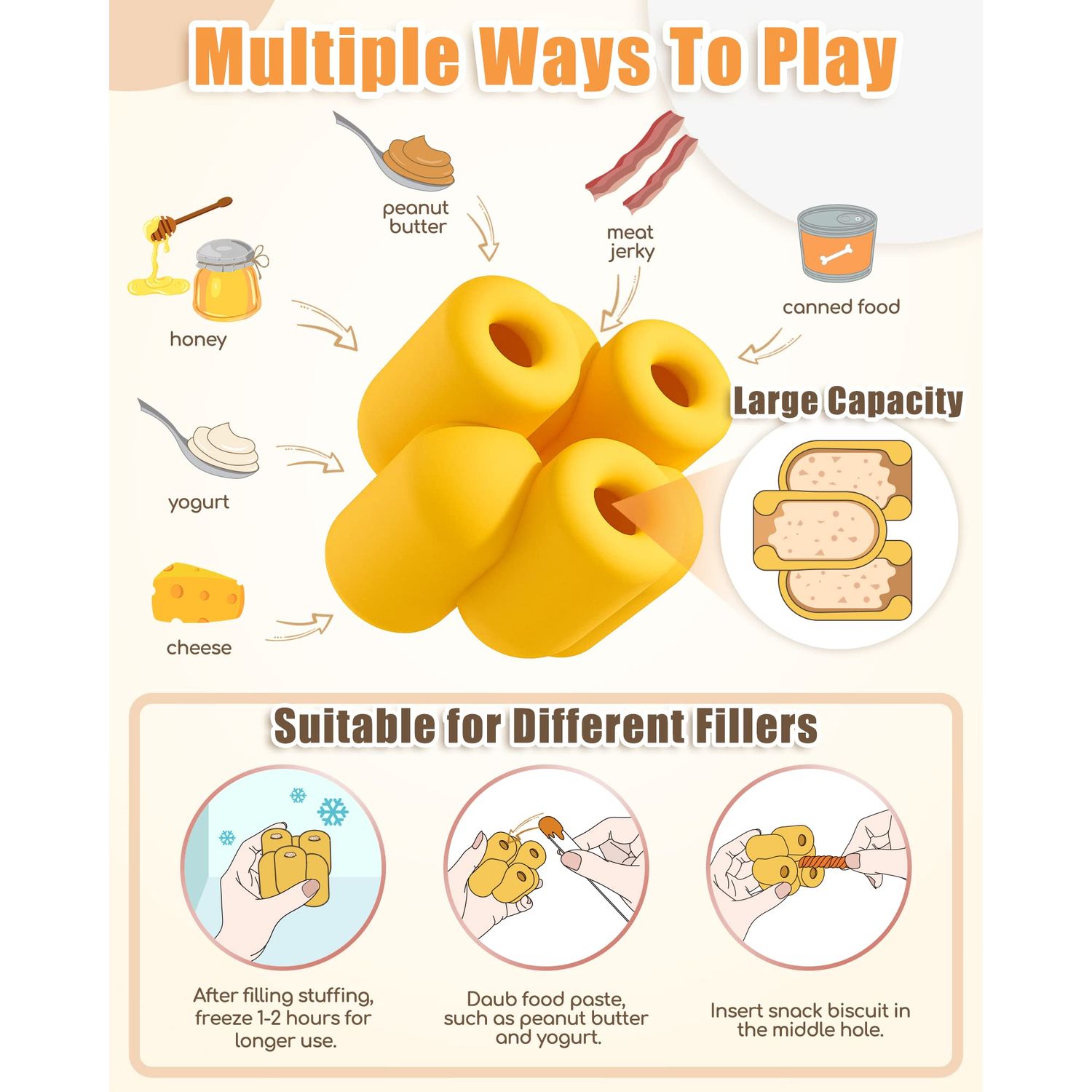 Moonorange Treat Dog Toy, Dog Chew Toys for Aggressive Chewers, Interactive Slow Feeder Dog Toys, Durable Fillable Toy Collection, Frozen Feeding Dog Toy for All Breed Sizes (Yellow)