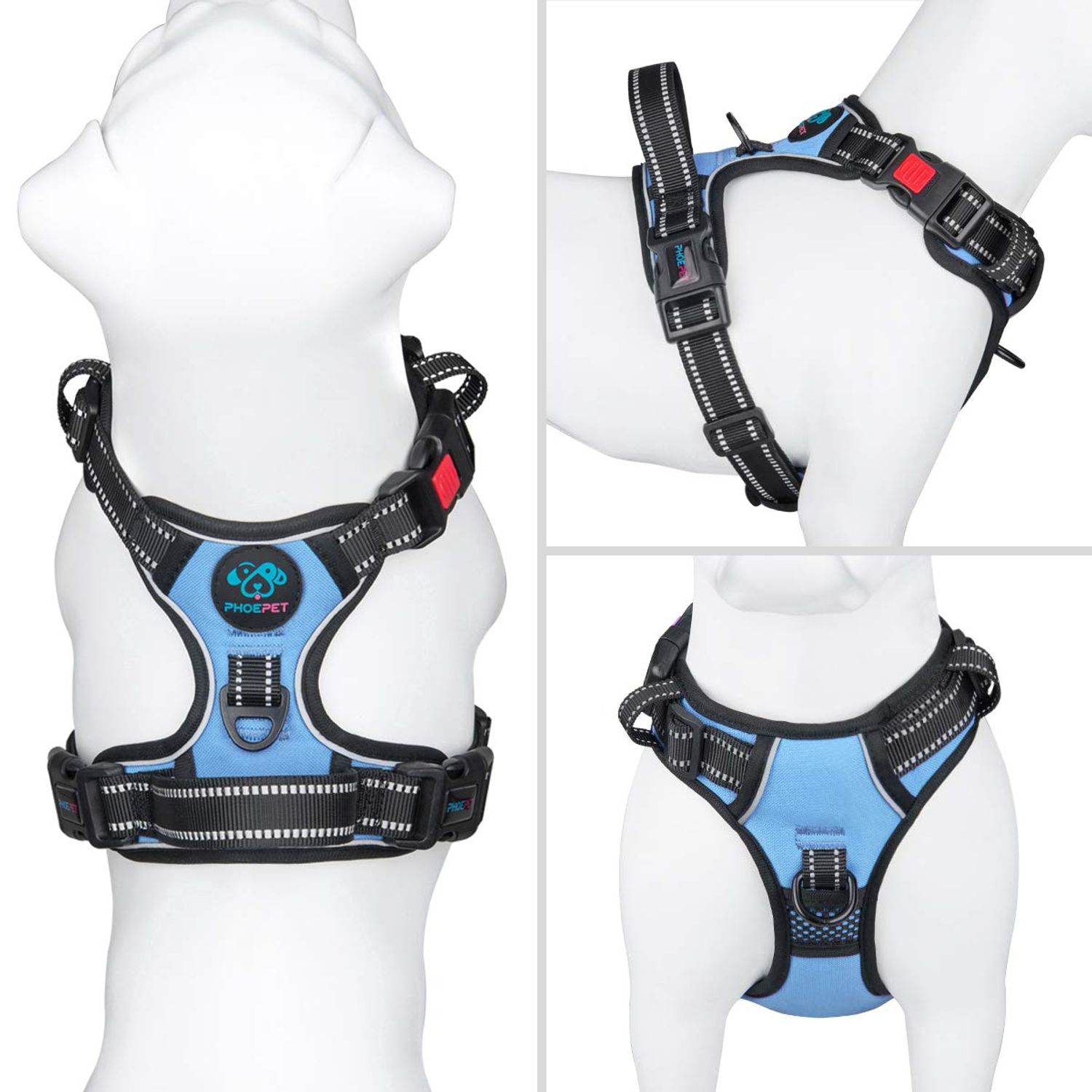 PHOEPET No Pull Dog Harness Reflective Adjustable Vest with a Training Handle, Name ID Pocket, 2 Metal Leash Hooks, 3 Snap Buckles [Easy to Put on & Take Off](S, Baby Blue)