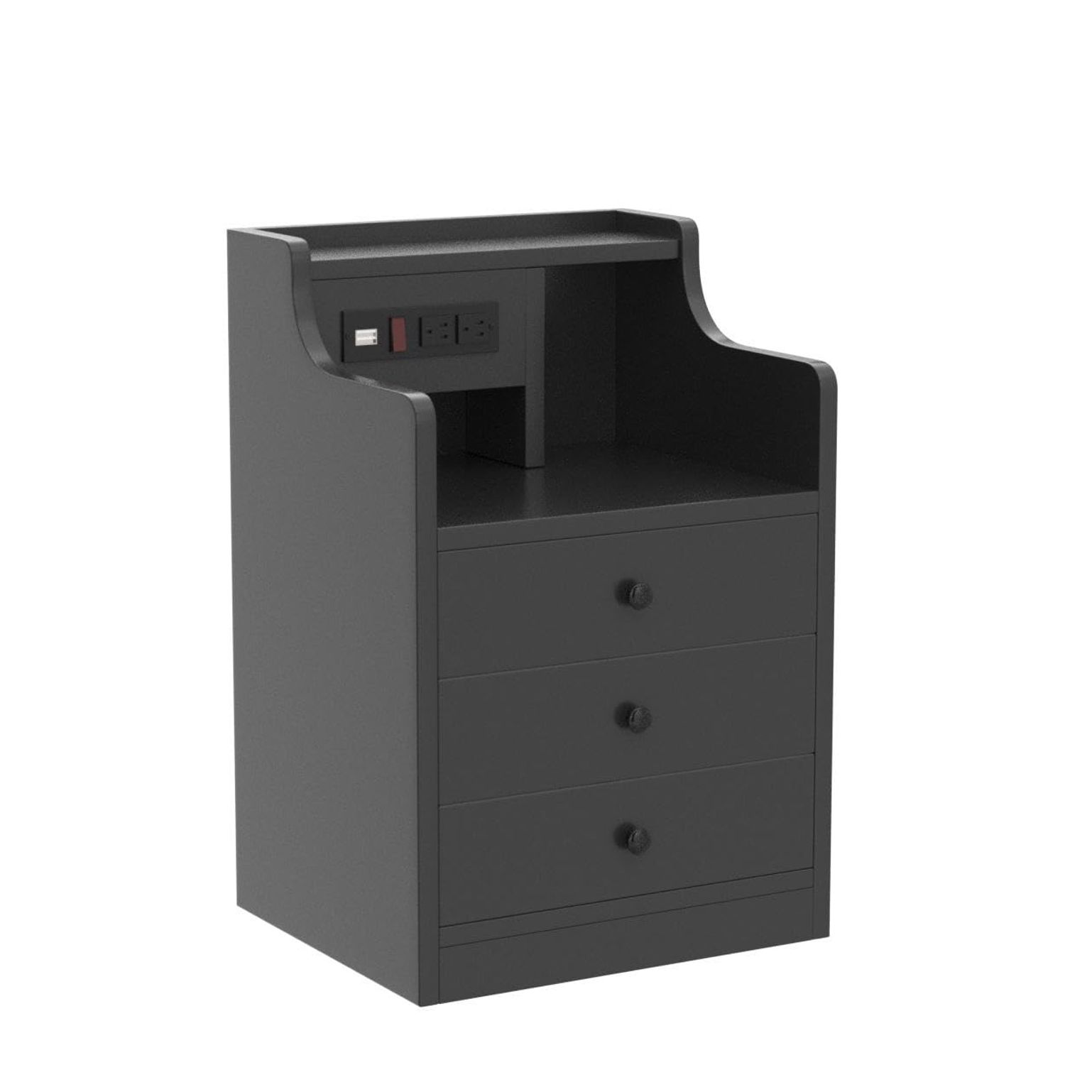 Tiptiper Black Nightstand with Charging Station 3 Drawers, Wood Sofa End Side Table with USB Ports and Outlet, Bedside Table Bedroom Nightstand with Sliding Drawer & Hutch