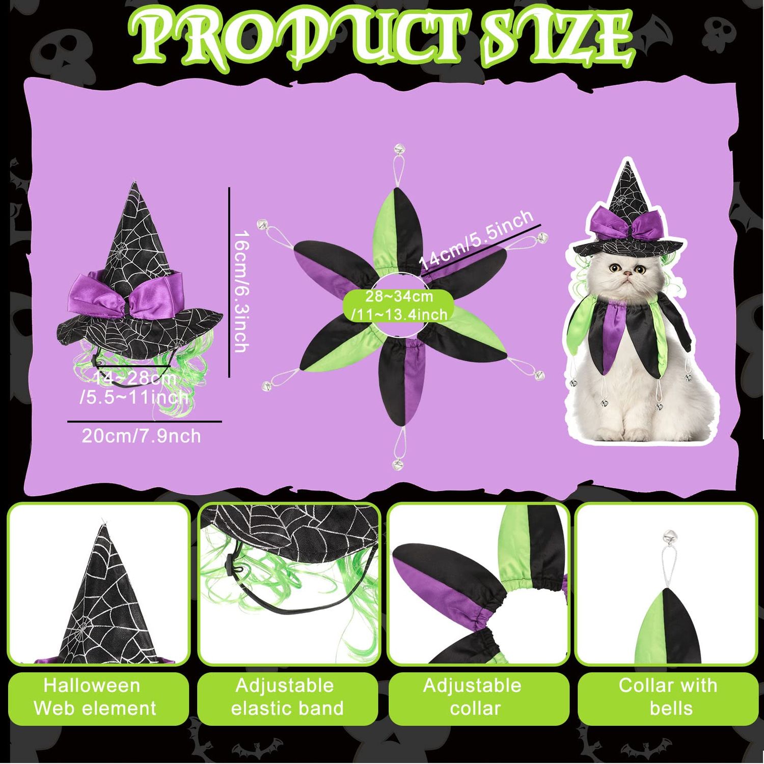 4 Pcs Halloween Cat Witch Costumes Witch Cat Hats and Collars with Bells Funny Wizard Costumes Cat Halloween Apparel Accessories for Small Dogs and Cats Halloween Party Cosplay Decorations Supplies