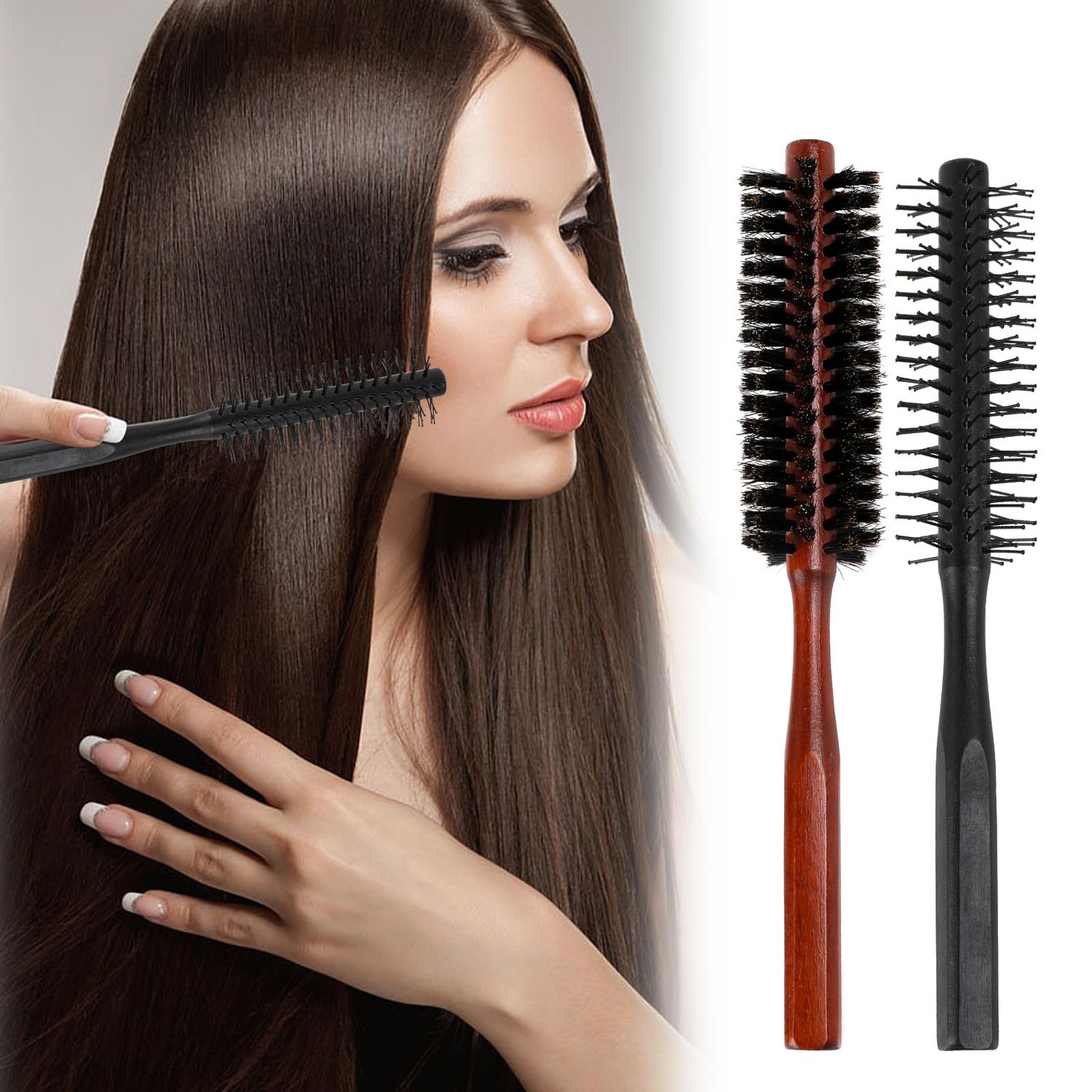 Small Round Hair Brush, Boar Bristle Brush Curling Brush Travel Round Brush for Blow Drying and Nylon Bristles Hair Comb with Wood Handle, Roller Hairbrush for Women, Beard Brush for Men(Black & Red)