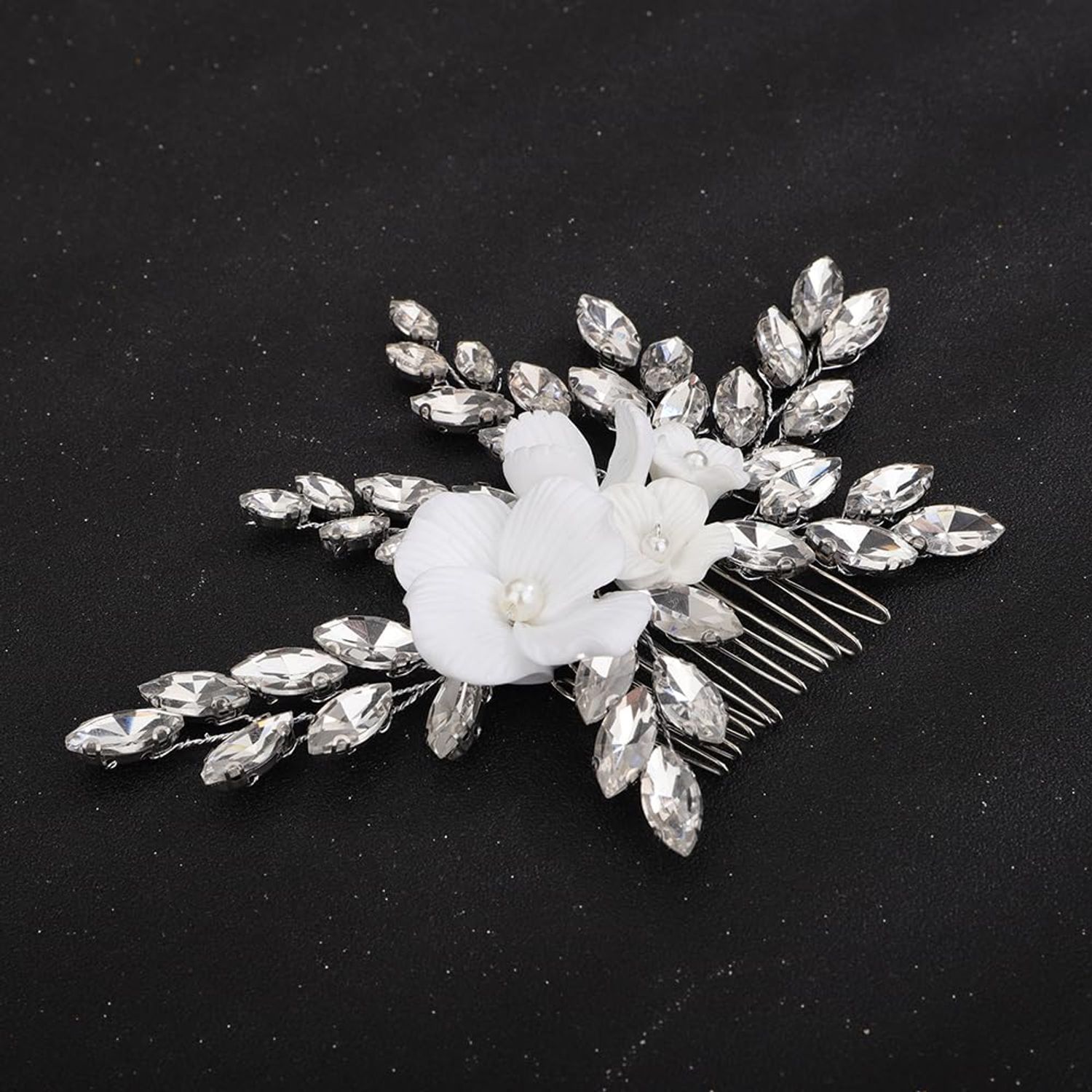 Teyglen White Flower Wedding Hair Comb Sparkly Silver Rhinestone Hair Piece Crystal Bridal Side Comb with Flower Floral Hair Accessories for Women(Silver)