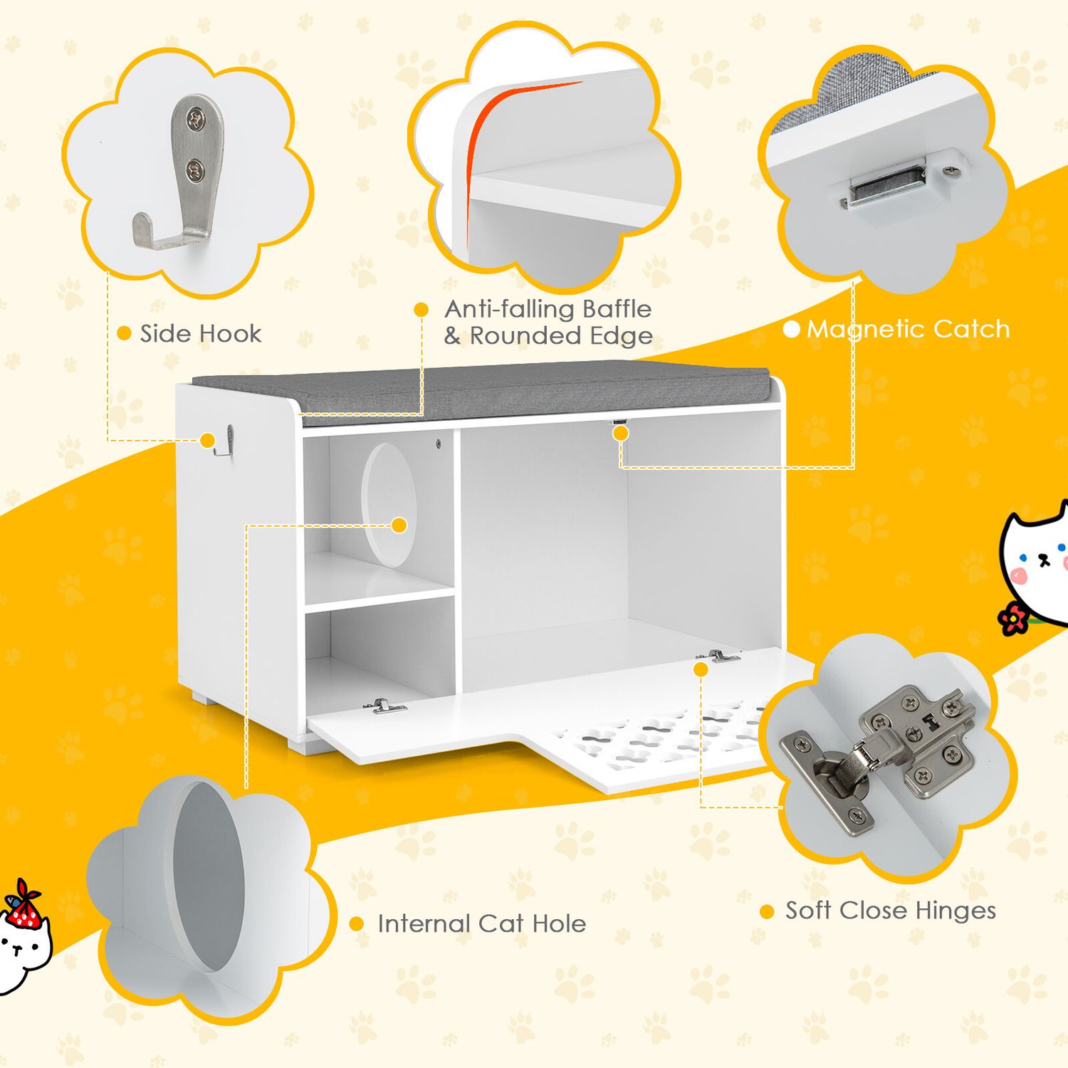 Cat Litter Box Enclosure w/ Removable Cushion & Flip-Down Opening Modern White