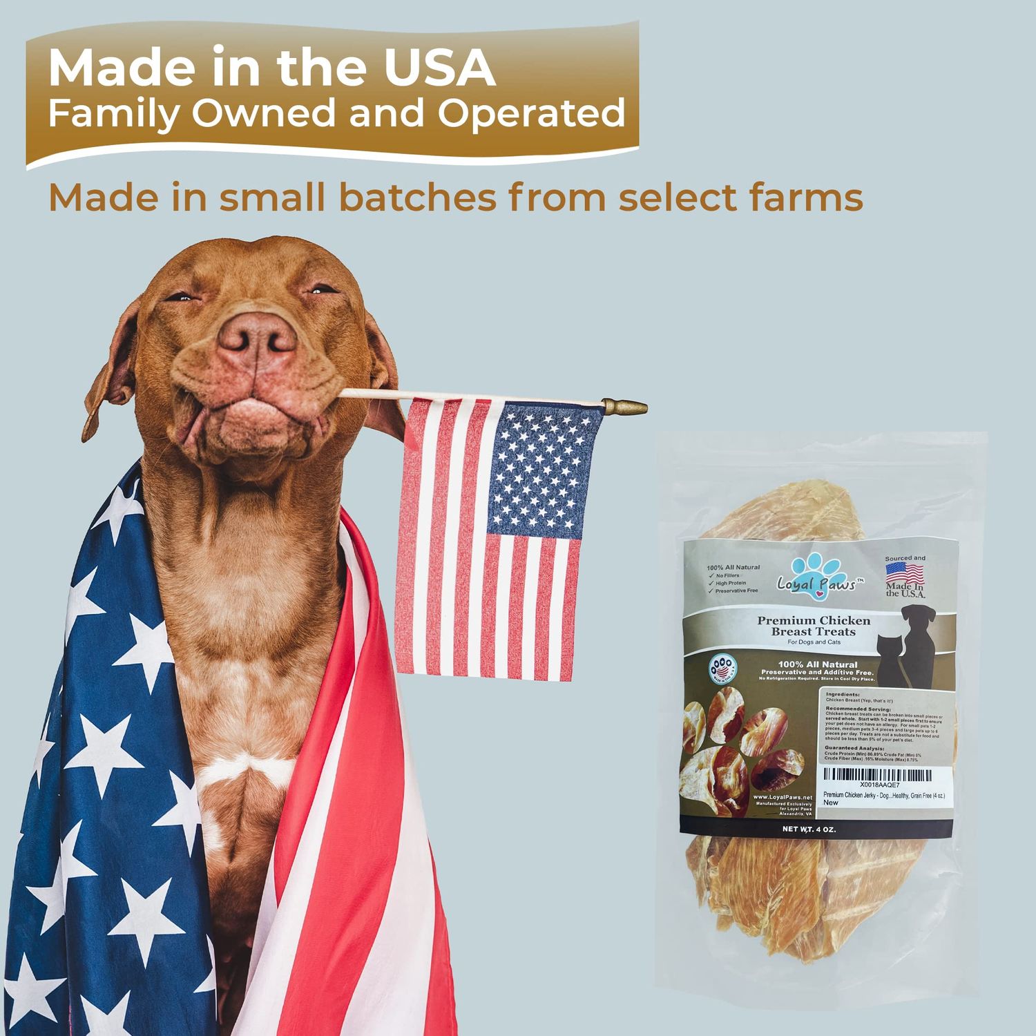 Loyal Paws Chicken Jerky Dog Treats Made in USA Only - Natural, Healthy, Premium, Human Grade, 100% Chicken - Grain Free - Training Treats for Small, Medium, and Large Dogs 4oz