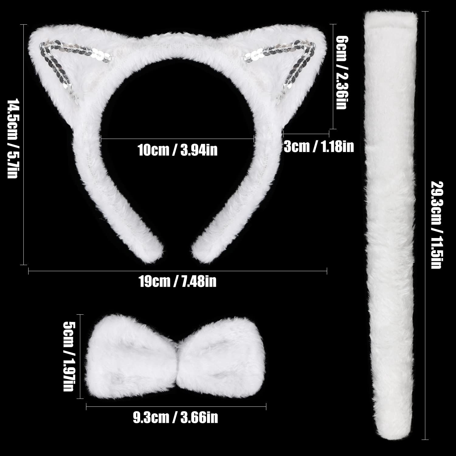 3 Pieces White Cat Costume Set Cat Glitter Ears Headband Tail and Bow Tie Animal Fancy Dress Cat Costume Kit Party Accessories for Halloween,Birthday,Christmas,Cosplay Dress Up Party Decorations