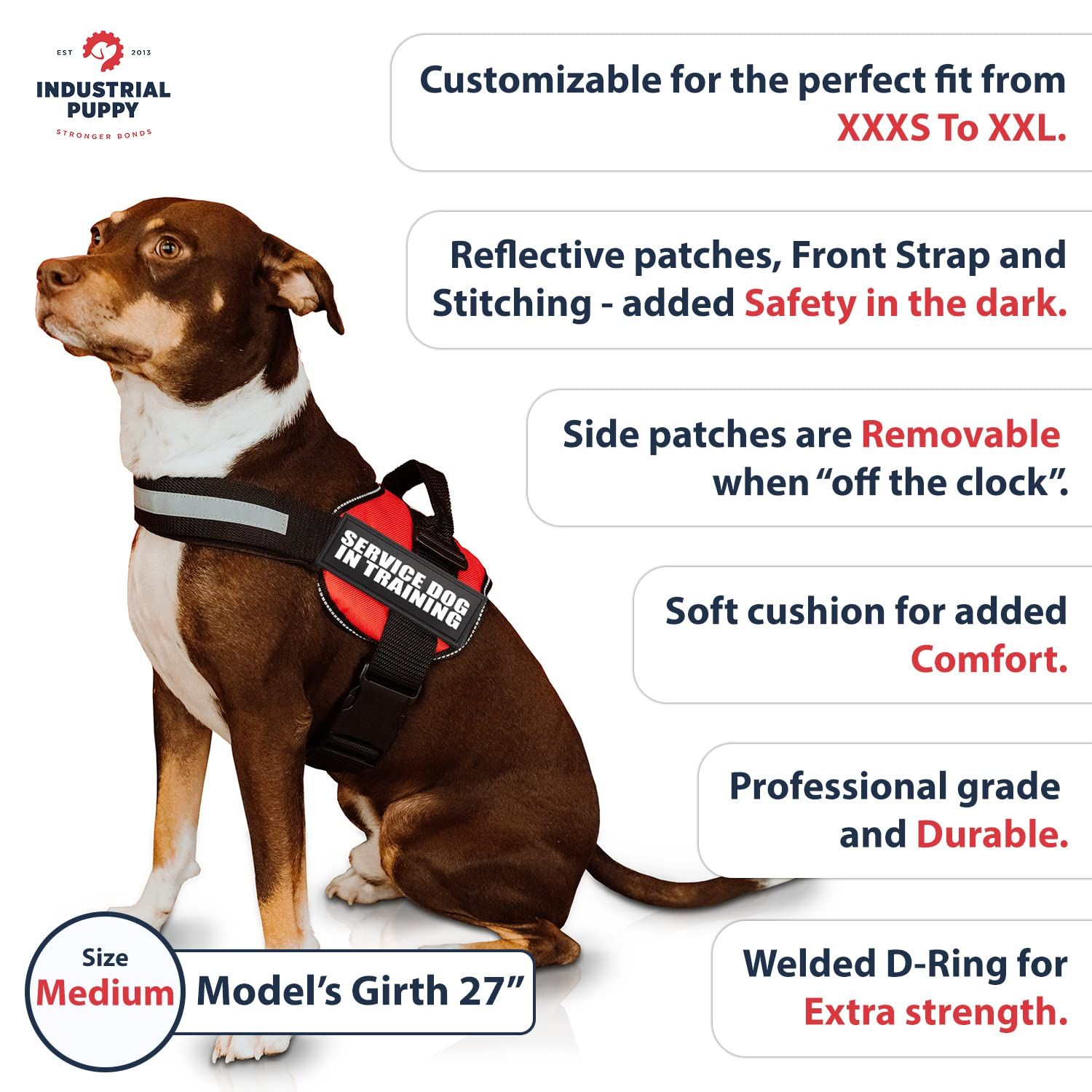 Service Dog Vest Harness with 2 Reflective Service Dog in Training Vest Patches, for Working Dogs Sizes Small, Medium, Large, Swap Patches with Your Support Patch Preference, by Industrial Puppy