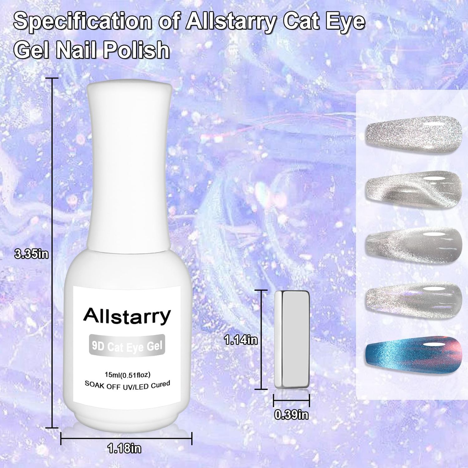 Allstarry Cat Eye Gel Nail Polish, 15ml/0.5fl oz Bright Silver Magnetic Gel Polish UV LED Curing Soak Off Home DIY Nail Salon Manicure Kit with Magnet for Shimmer Velvet Nail Art - White Moonligh