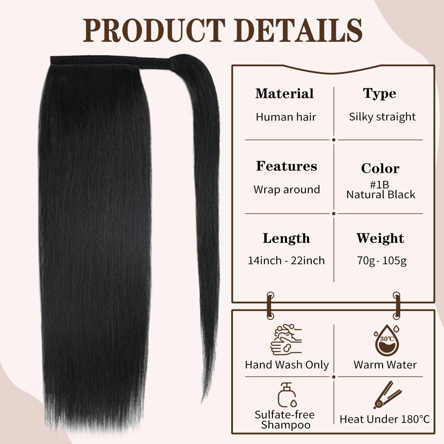 14 inch Ponytail Extension Human Hair 70g #1B Natural Black 100% Remy Human Hair Ponytail Long Straight Wrap Around Ponytail Human Hair Clip in Hair Extensions One Piece Hairpiece for Women