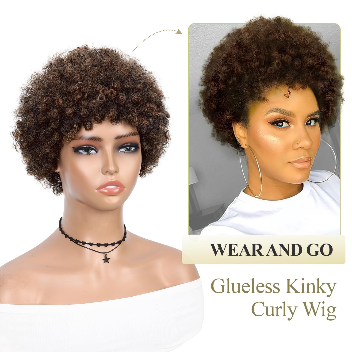 WIGER Afro Kinky Curly Wig Human Hair for Women Short Ombre Brown Afro Wigs CurlyBrazilian Human Hair Machine Made None Lace Pixie Cut Wig (Mixed Brown)