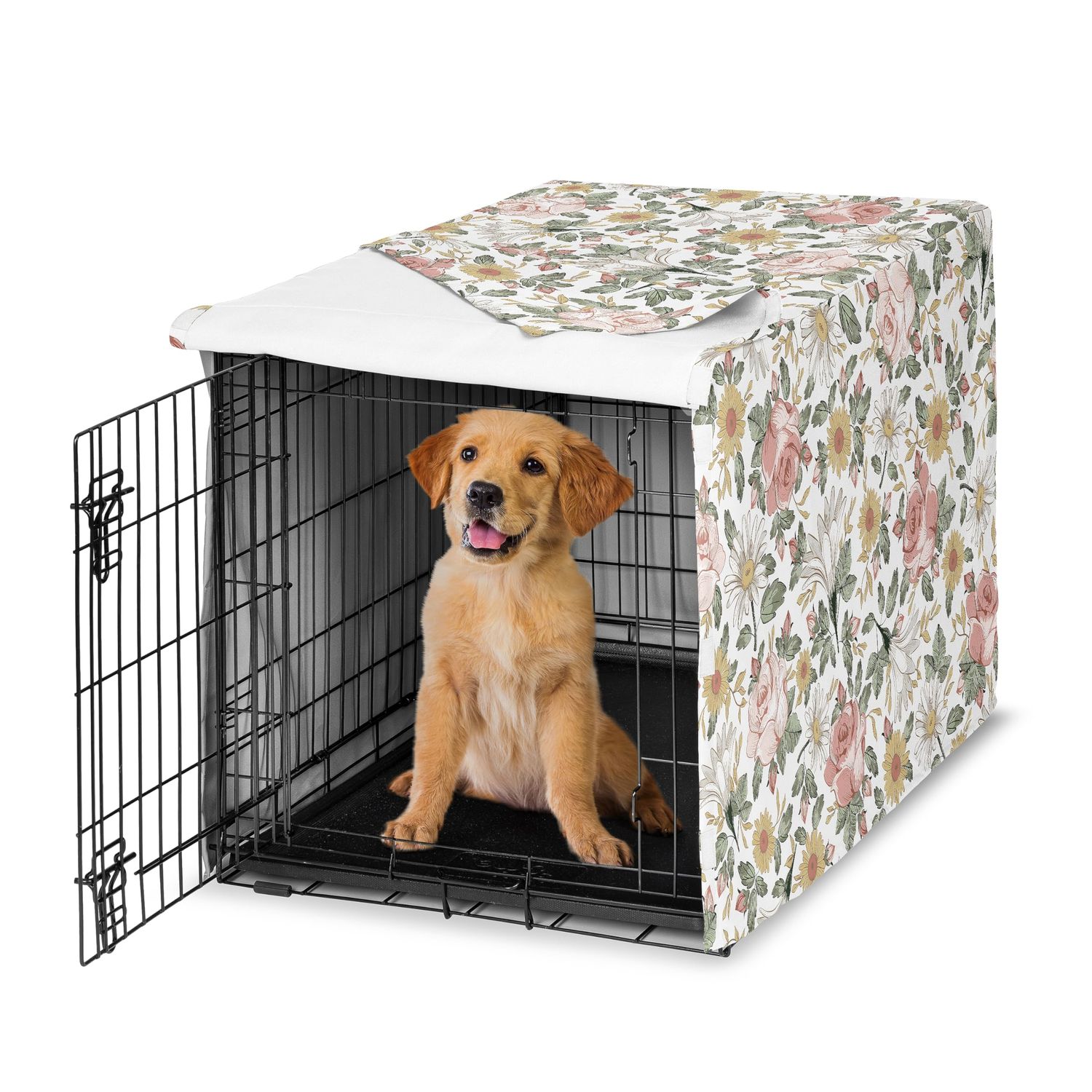 Sweet Jojo Designs Vintage Floral Boho Girl Dog Crate Cover – Kennel Covers for 36 Inch Pet Cage Medium - Blush Pink Yellow and Green Bohemian Shabby Chic Rose Flower Farmhouse White