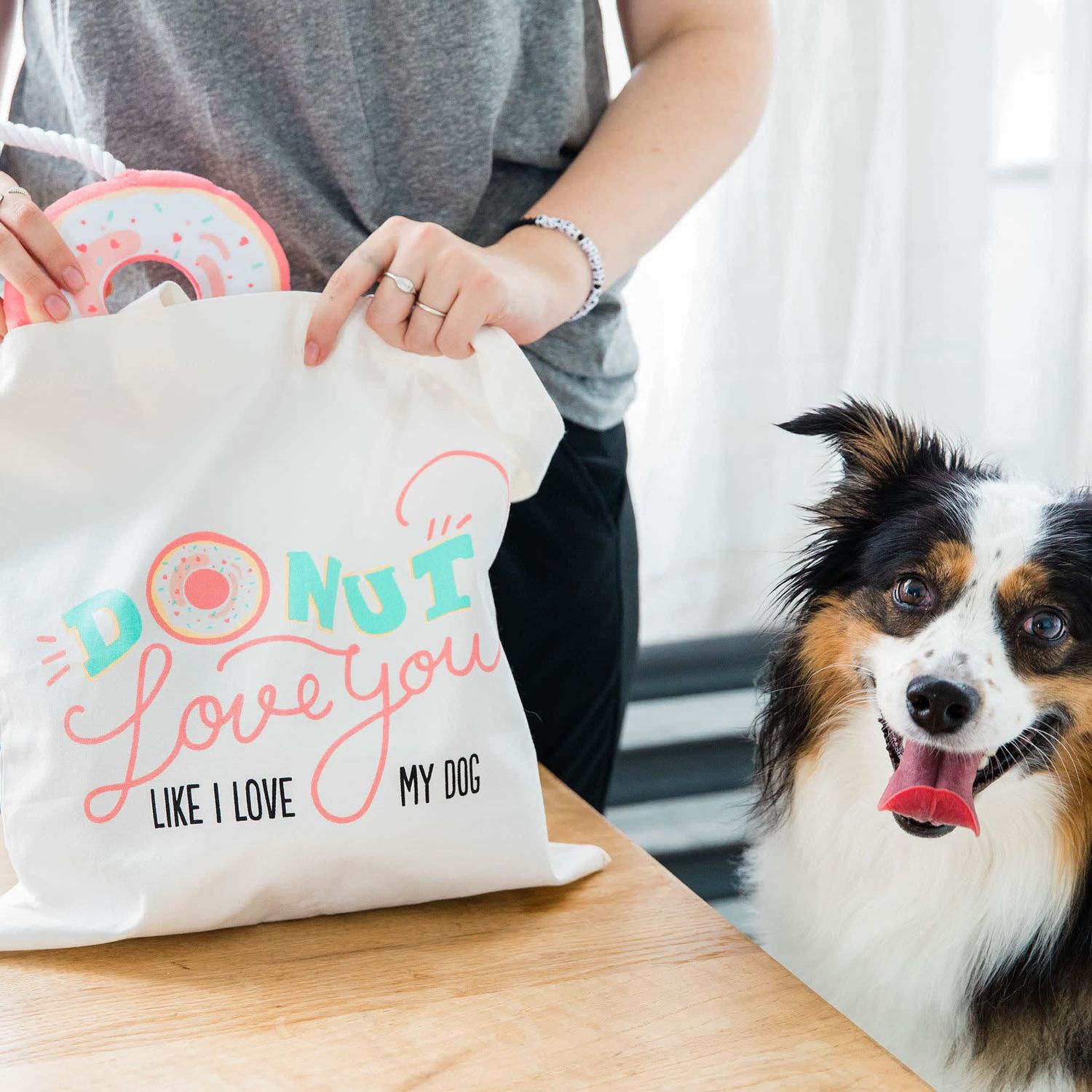 Pearhead Donut Dog Toy and Tote Bag Set, Tug-of-War Rope Pet Toy, Dog Owner Gift Set