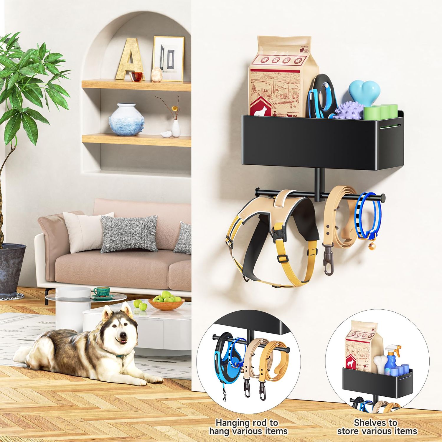 Dog Leash Holder for Wall, Dog Stuff Organizer with Shelf for Dog Poop Bag Holder, Dog Leash Hooks for Dog Supplies Storage, Dog Leash Hanger Organizer Rack for Dog Leash, Collar, Toys, Treats, Keys