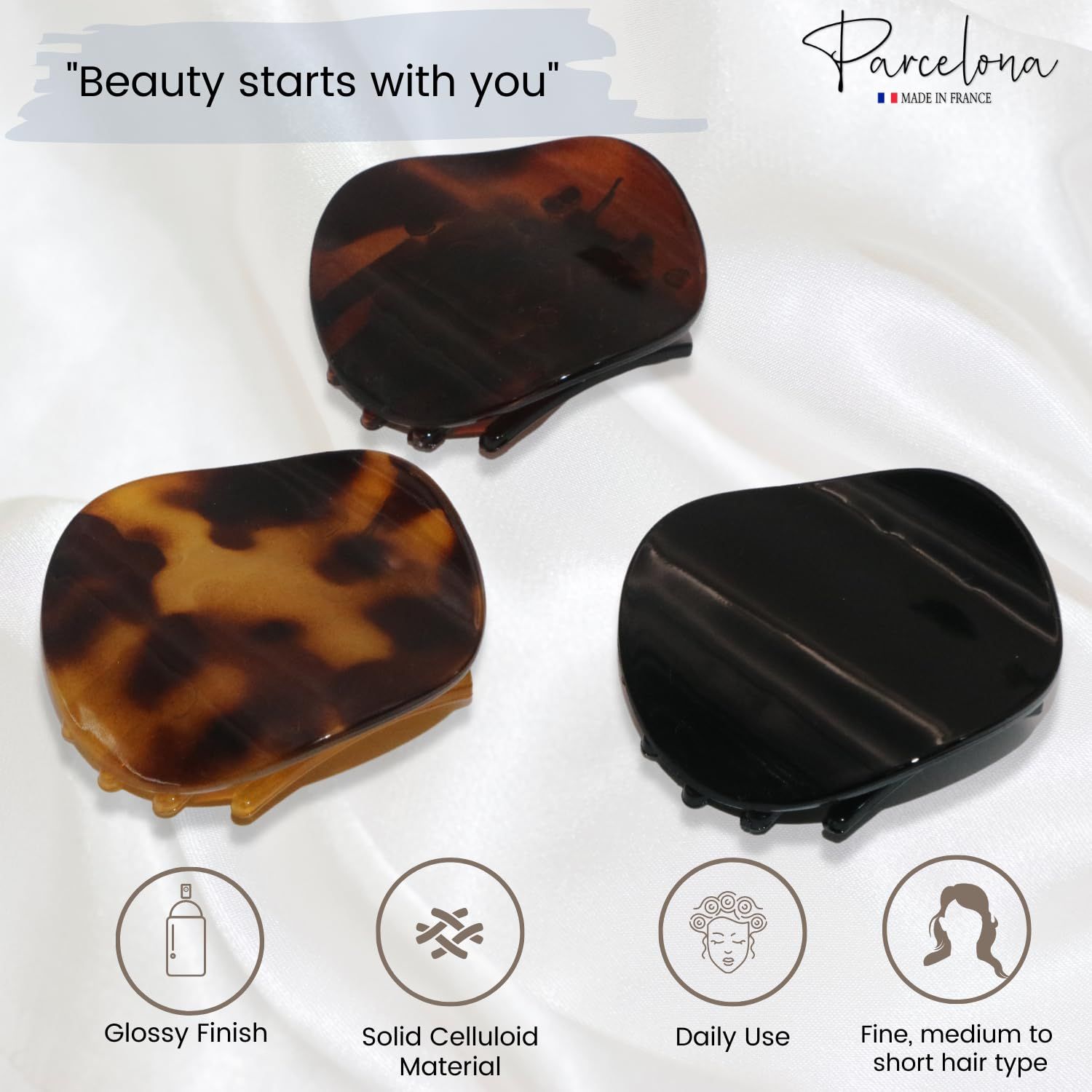 Parcelona French Onde Tortoise Shell Black and Savana Small 2” Celluloid Set of 3 Round Side Slide In Secure Grip Hair Claw for Women and Girls