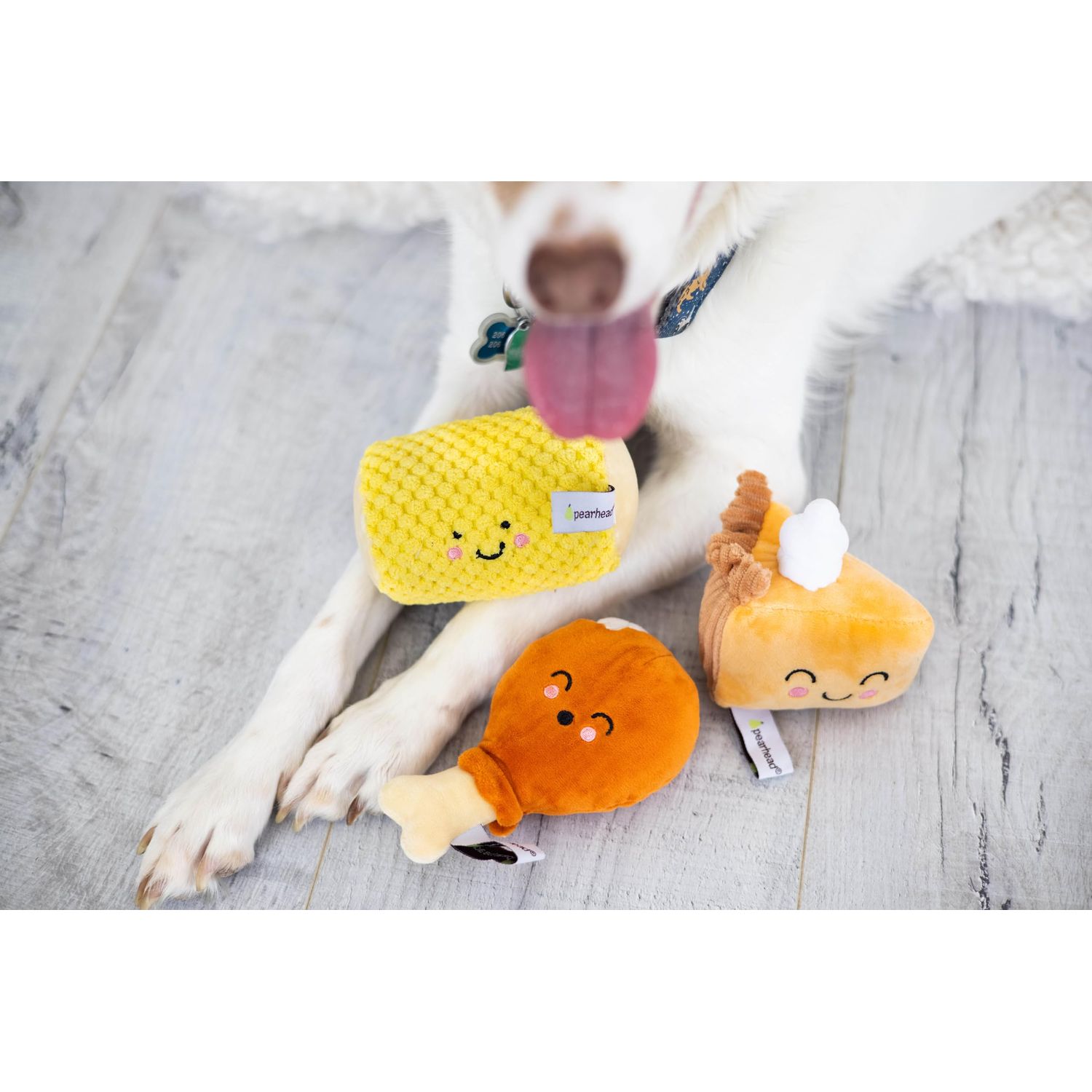 Pearhead Thanksgiving Dinner Dog Toys, Set of 3, Plush Dog Toys, Squeaky Dog Toy, Pumpkin Pie and Turkey Leg Toy, Fall Pet Toys