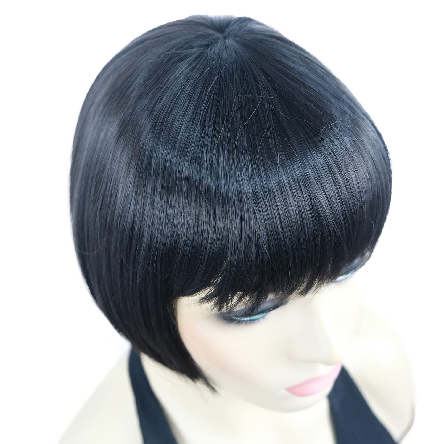 Lydell 6" Straight Short Bob Hair Flat Bangs Cute Central Dot Skin Top Heat Resistant Synthetic Wigs (Natural Black)