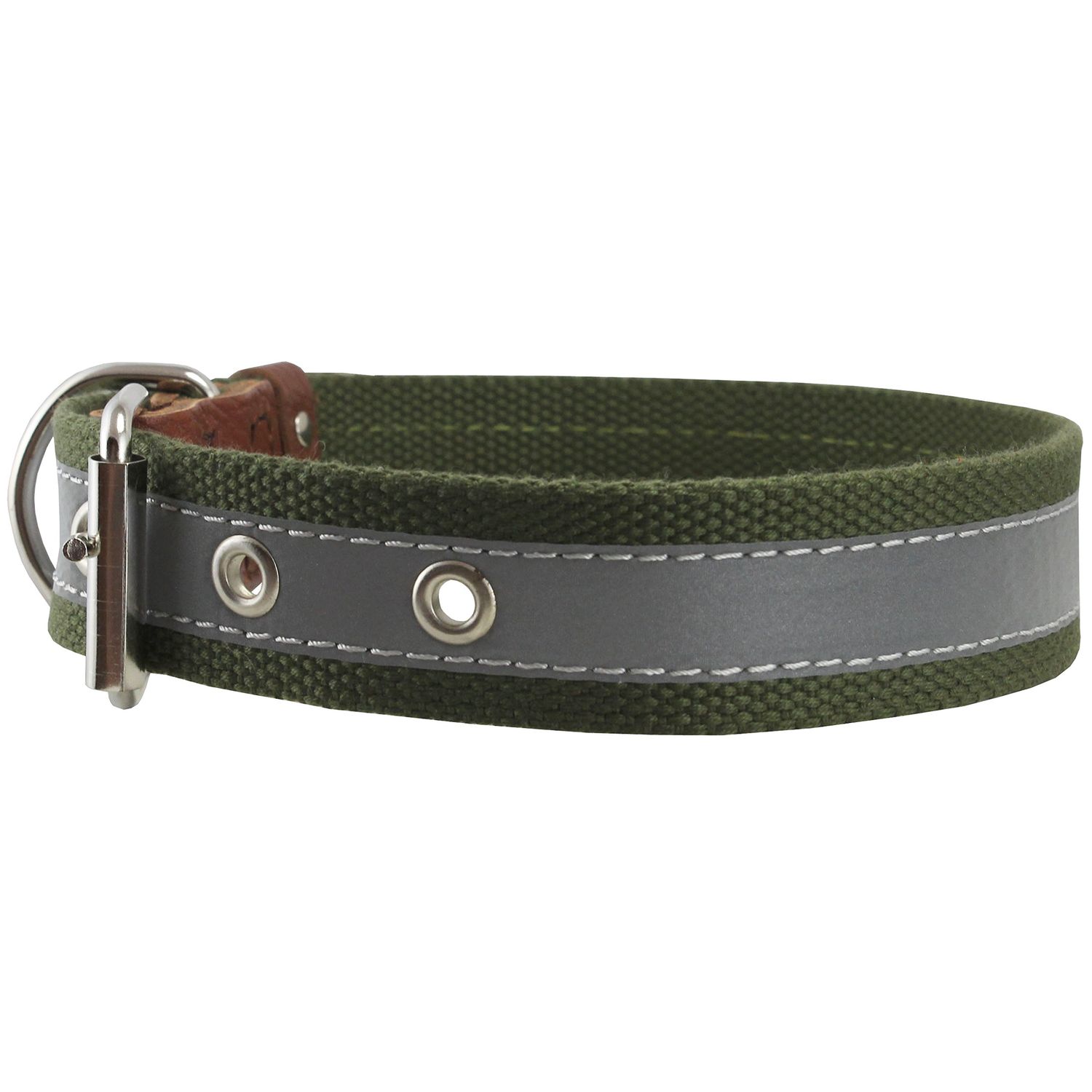 Cotton Web/Leather Reflective Dog Collar 20" Long 1" Wide Fits 14"-18" Neck, Basset Hound, Retriever