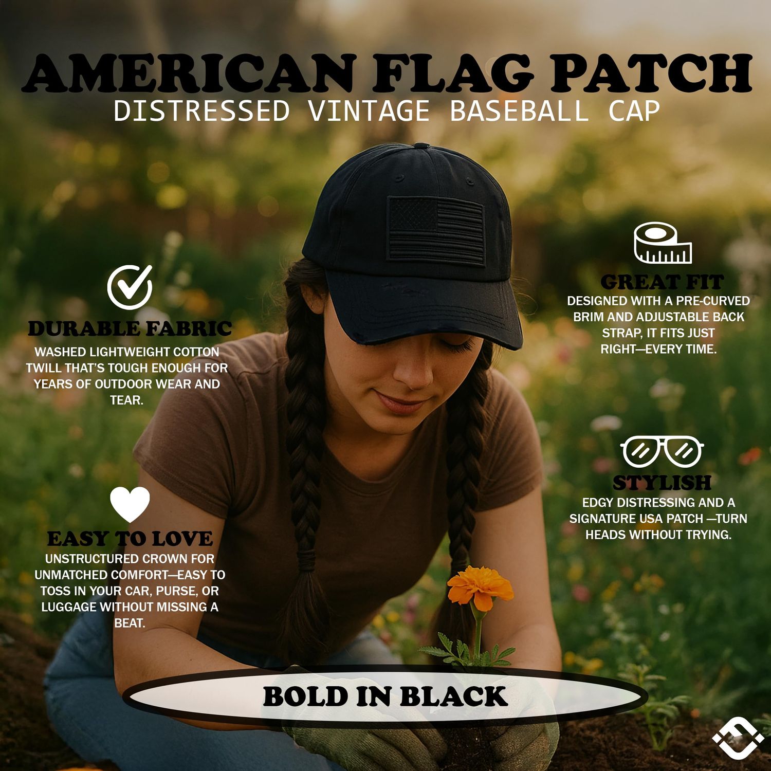 Funky Junque Women's Vintage Distressed Baseball Cap, Happy Camper Hat, Beach Baseball Cap for Women, Mom Life Hat - American Flag - Black