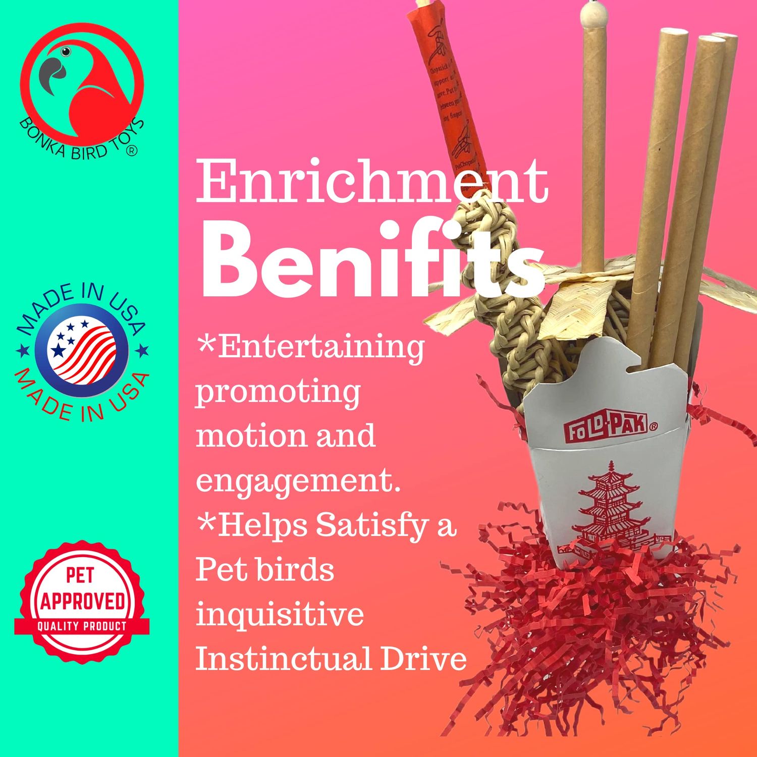 Bonka Bird Toys 2336 Chopsticks Medium Foraging Chew Shred Parrot Cage Toy Pet, African Grey, Pionus, Conures, and Similar Breed Sizes