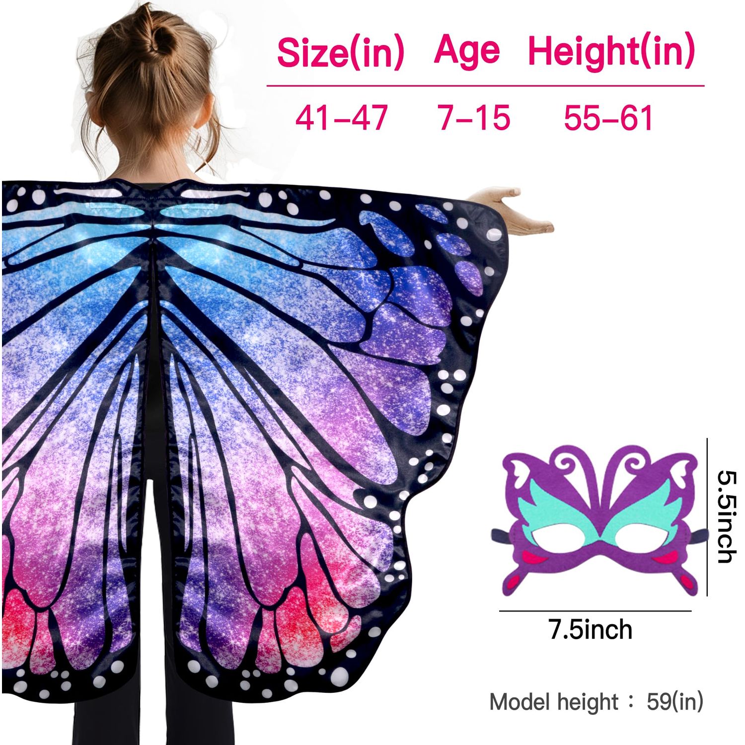 D.Q.Z Double-Sided Fairy Butterfly-Wings Costume for Girls Kids Dress-Up Halloween Costumes Mask Headband as Gifts (Starry Purple)