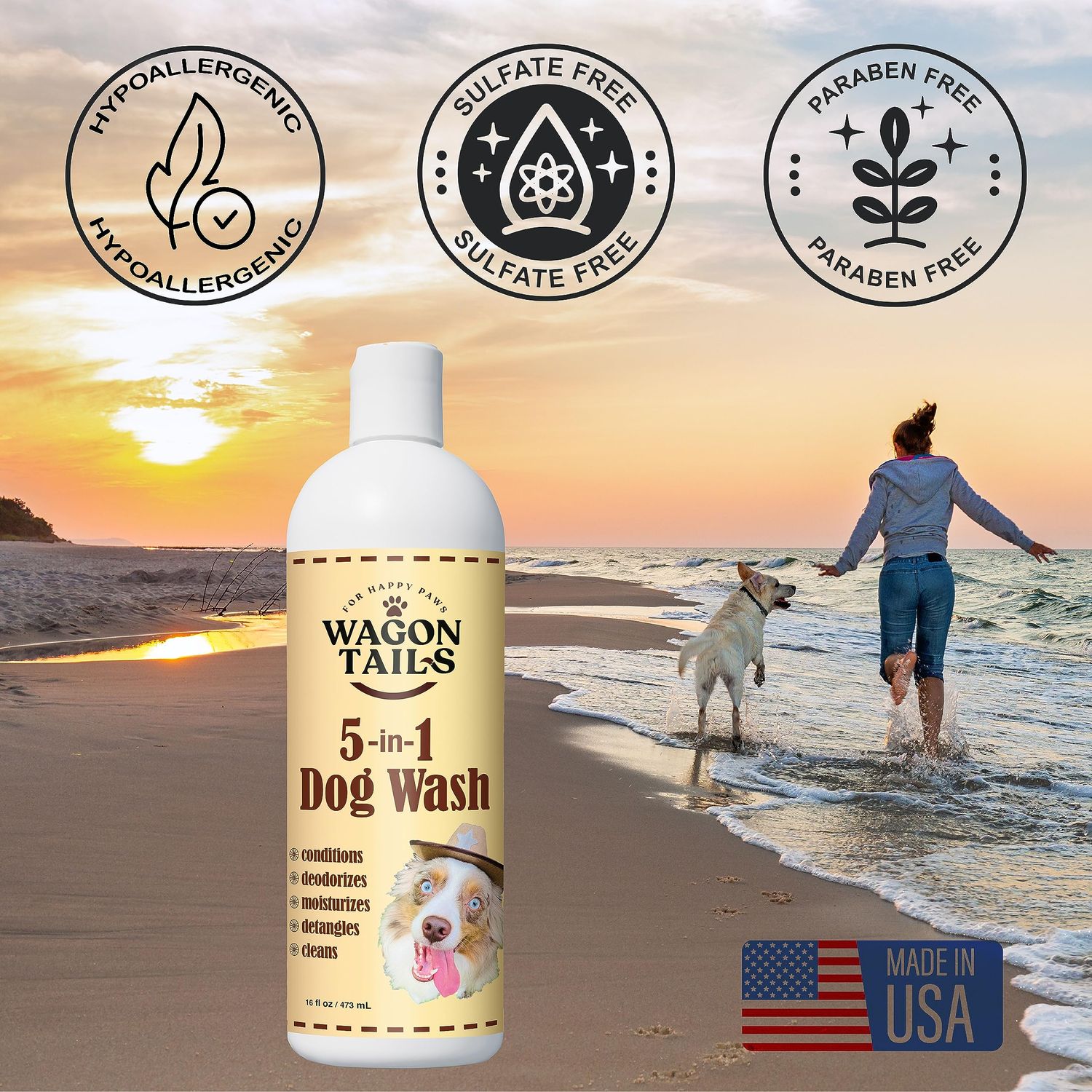Wagon Tails 5-in-1 Dog Shampoo and Conditioner | 16 Oz | All Natural, Eco-Friendly Dog Itch Relief Formula | Moisturize/Replenish with Coconut and Palm | Paraben/Sulfate Free with Aloe and Oatmeal