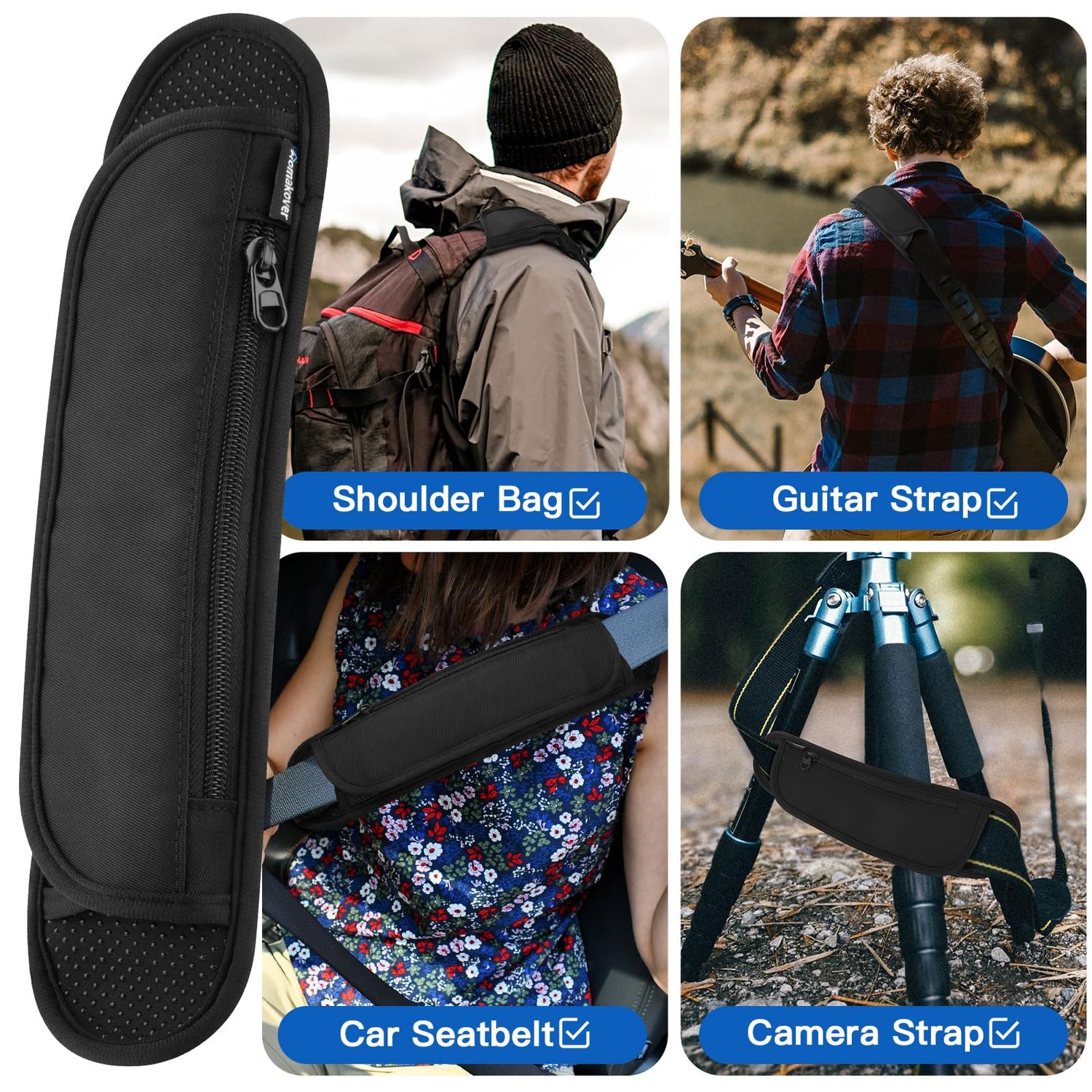 Universal Shoulder Strap Pad with Extra Thick Air Cushion, Breathable Backpack Pad with Pocket, Anti-Slip Car Seatbelt Shoulder Pad, Suitable for Computer bag,Camera,Duffel, Guitar, Backpacks