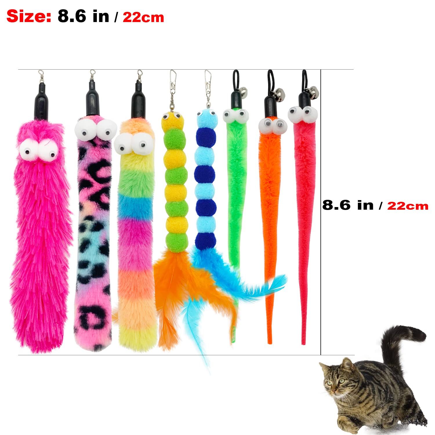 CATENESS Cat Wand Feather Toys, 1 PCS Elasticity Cat Toy Wand and 8 PCS Worms Refills, Interactive Teaser Wand Toy for Indoor Cats Play Exercise