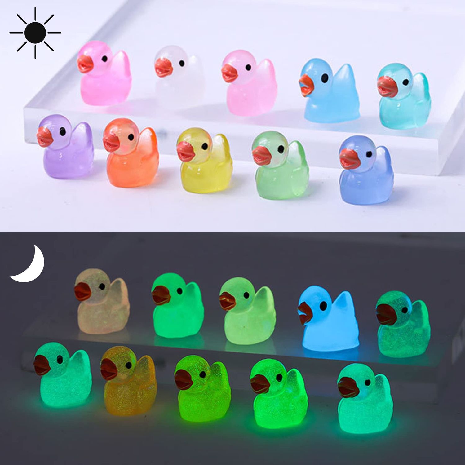 120 PCS Luminous Mini Resin Ducks Tiny Ducks Miniature Slime Charms Duck Figures Ornament Decorations for Fairy Garden Landscape Dollhouse Aquarium Home