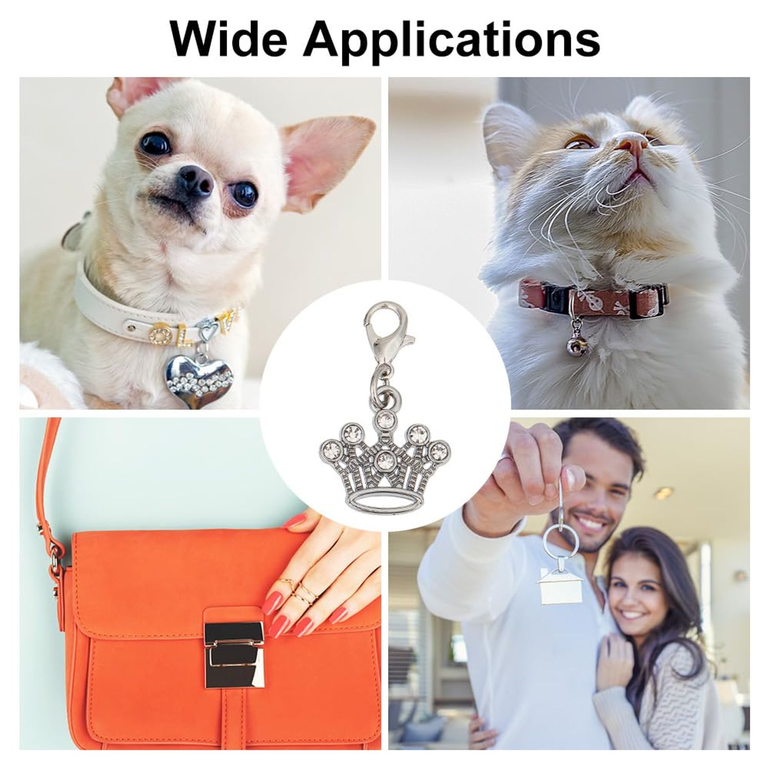 DELORIGIN 12pcs Alloy Pet Collar Charms Pendant 3 Styles Paw Heart Crown Cat Dog Pendants Rhinestone Key Chain Glitter with Carabiner Jewelry Clip-on Charms for Bag Necklace Bracelet Home Decor
