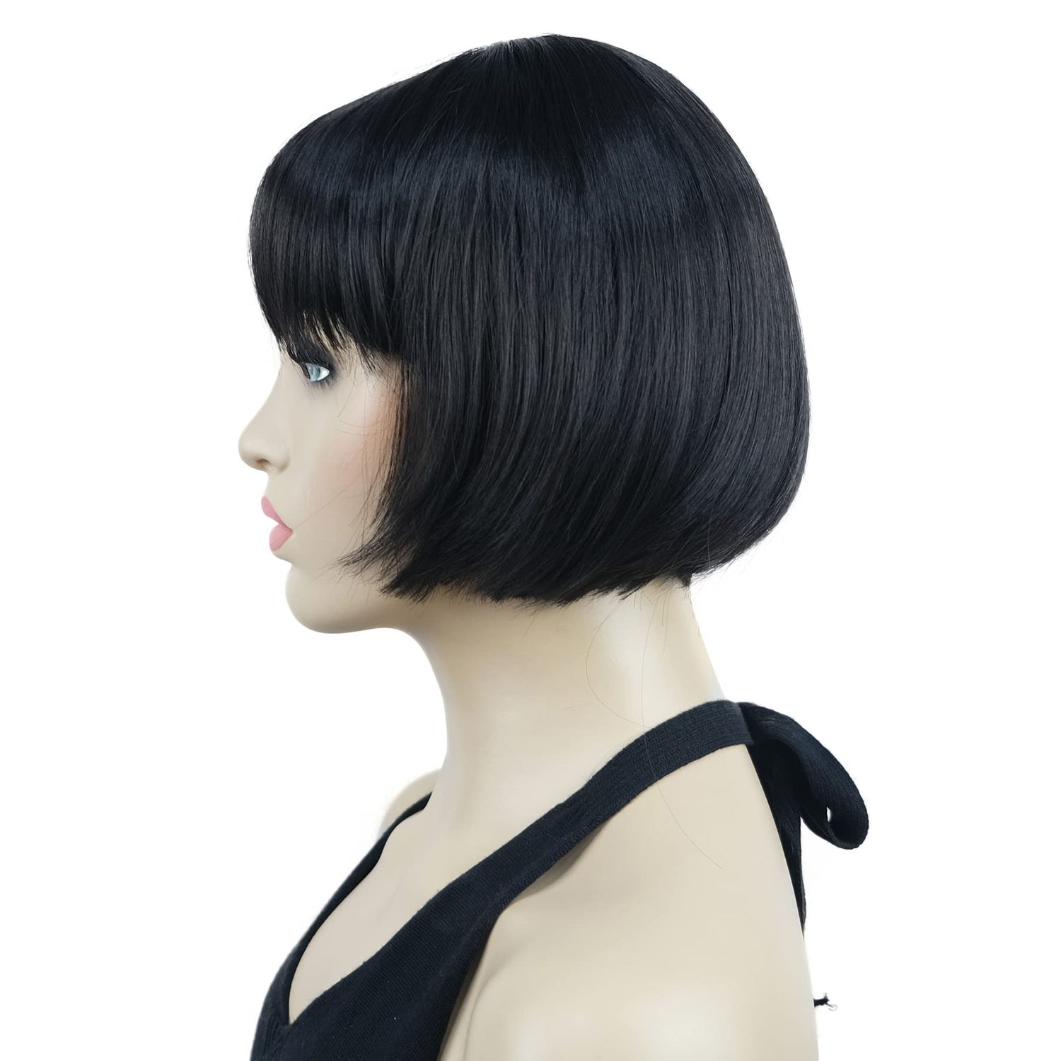 Lydell 6" Straight Short Bob Hair Flat Bangs Cute Central Dot Skin Top Heat Resistant Synthetic Wigs (Natural Black)