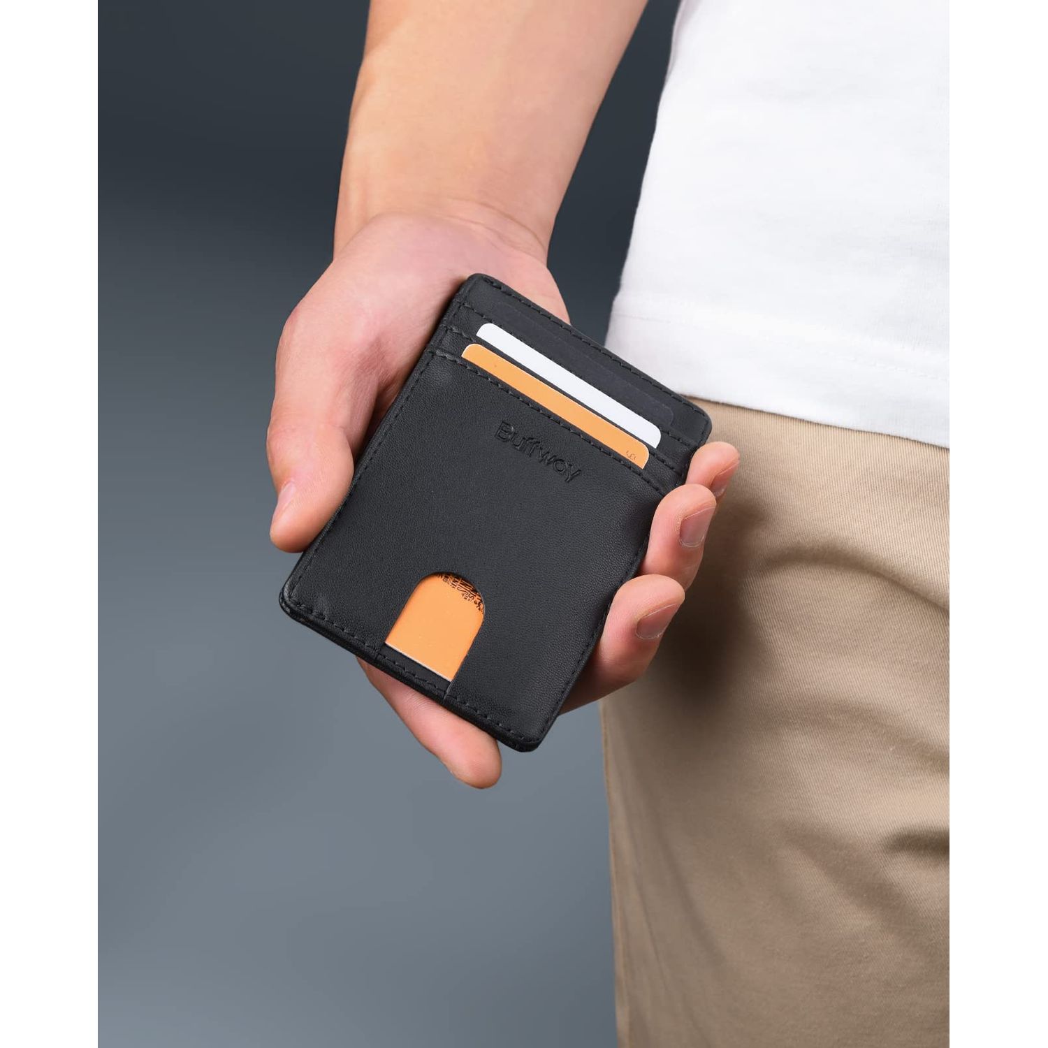 Buffway Mens Slim Wallet, Minimalist Thin Front Pocket Leather Credit Card Holder with RFID Blocking for Work Travel - Boston Black